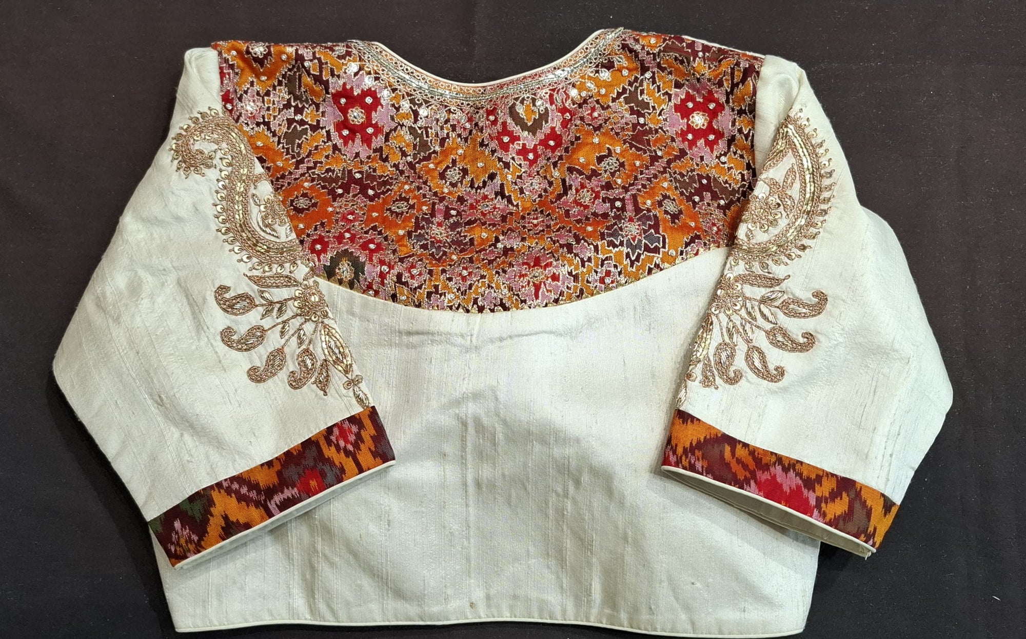 Ivory raw silk ikkat blouse  Marodi work