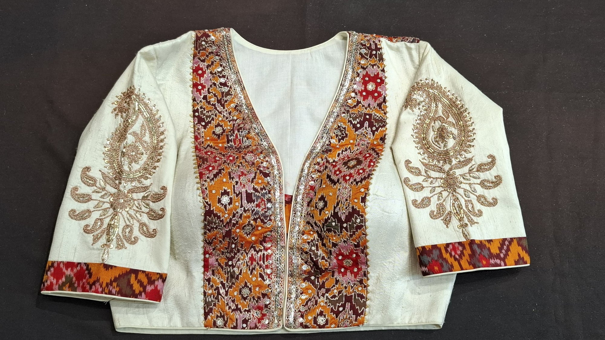 Ivory raw silk ikkat blouse  Marodi work