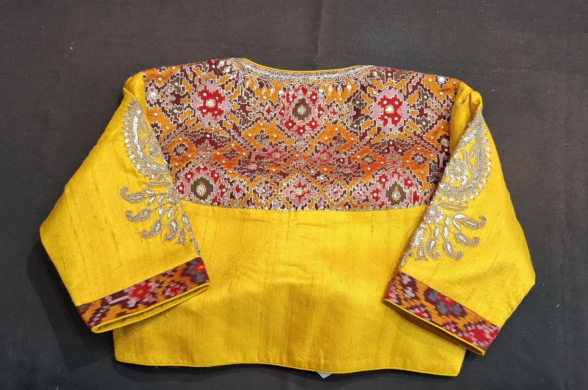 Mustard raw silk ikkat blouse  Marodi work