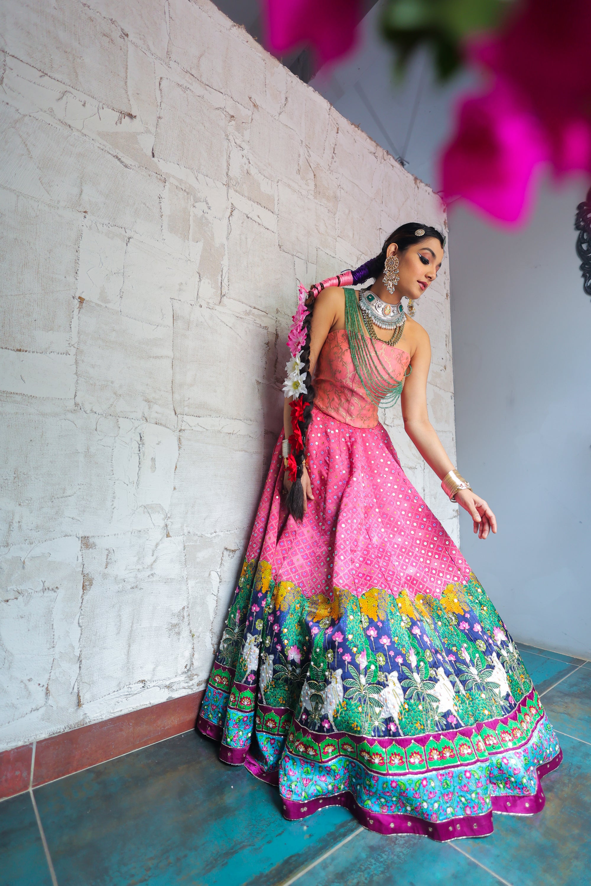 Pink Printed with Touch of Handwork Detail Lehenga with Corset