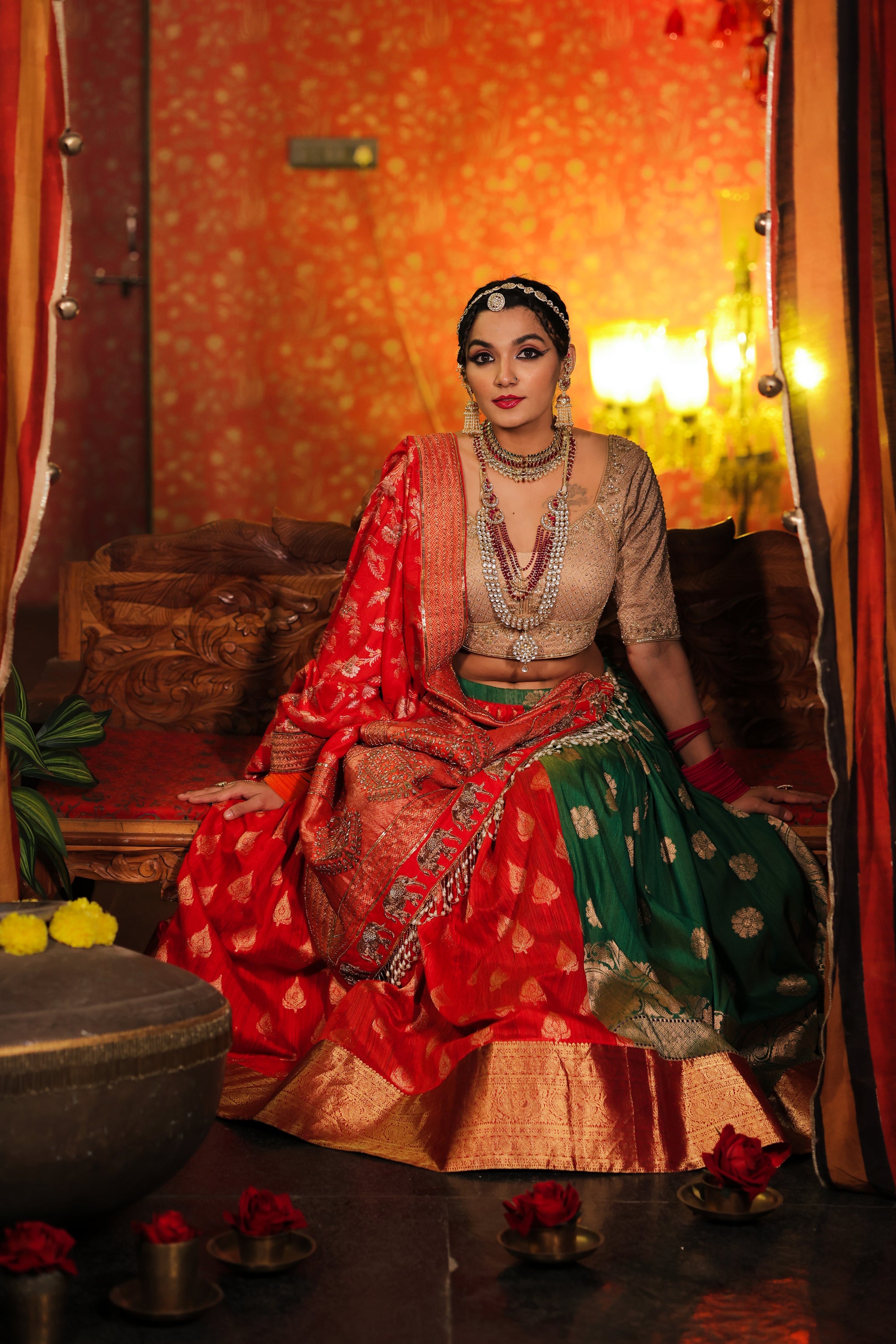 RED LEHENGA WITH MATCHING EMBROIDERED BLOUSE & HEAVY EMBROIDERED BANDH –  Anju Modi