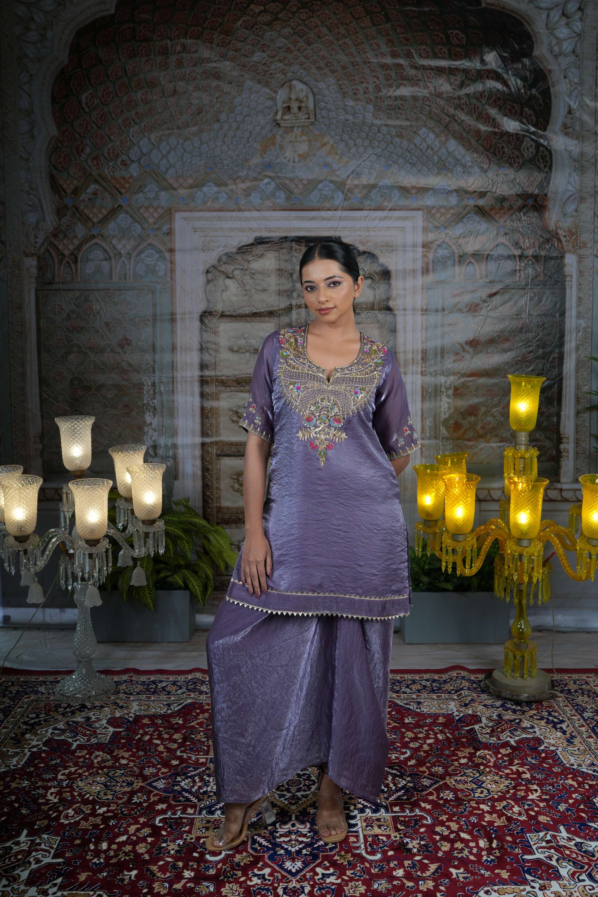 Silk tissue purple intricate embroidery kurta set