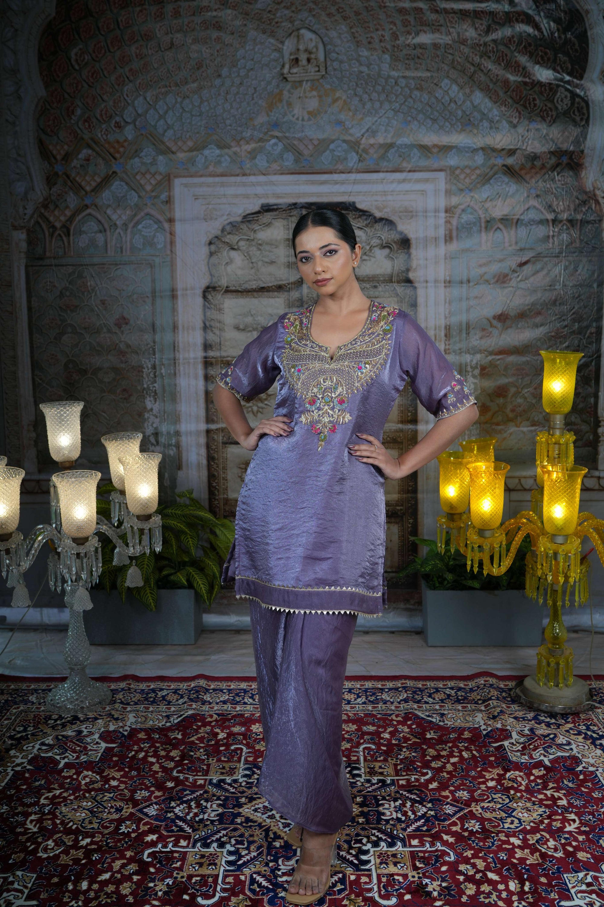 Silk tissue purple intricate embroidery kurta set