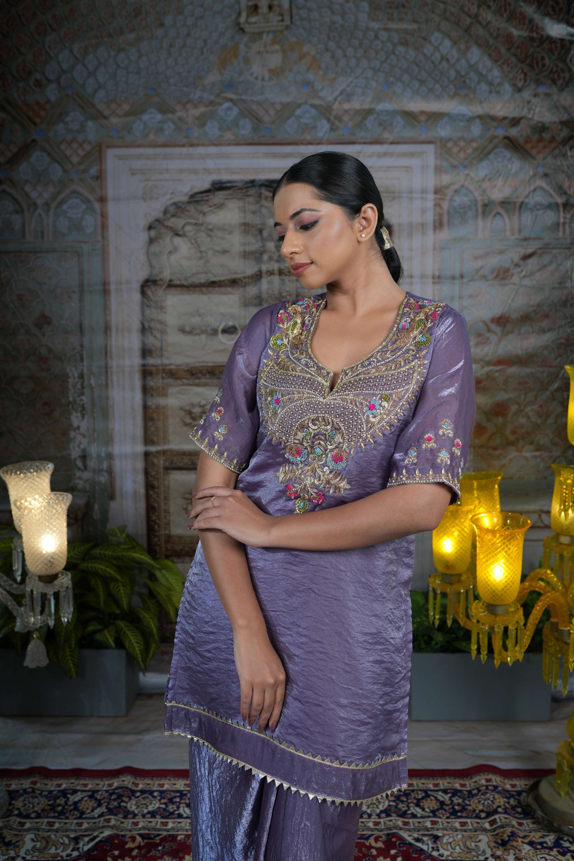 Silk tissue purple intricate embroidery kurta set