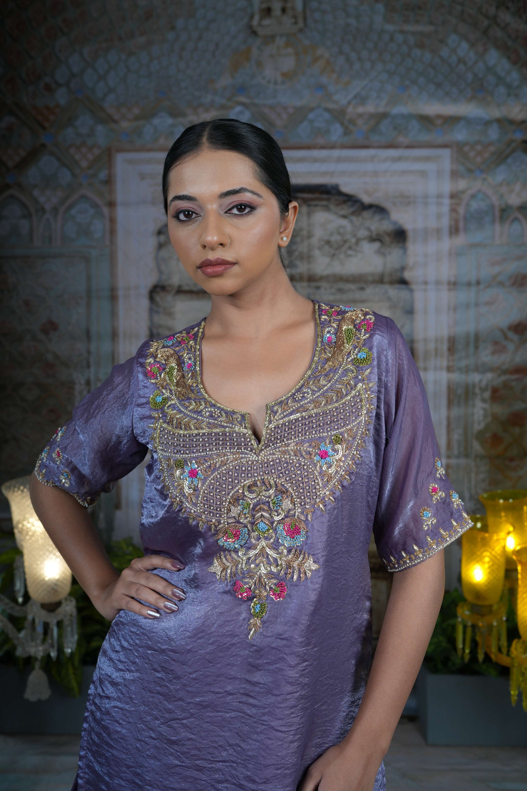 Silk tissue purple intricate embroidery kurta set
