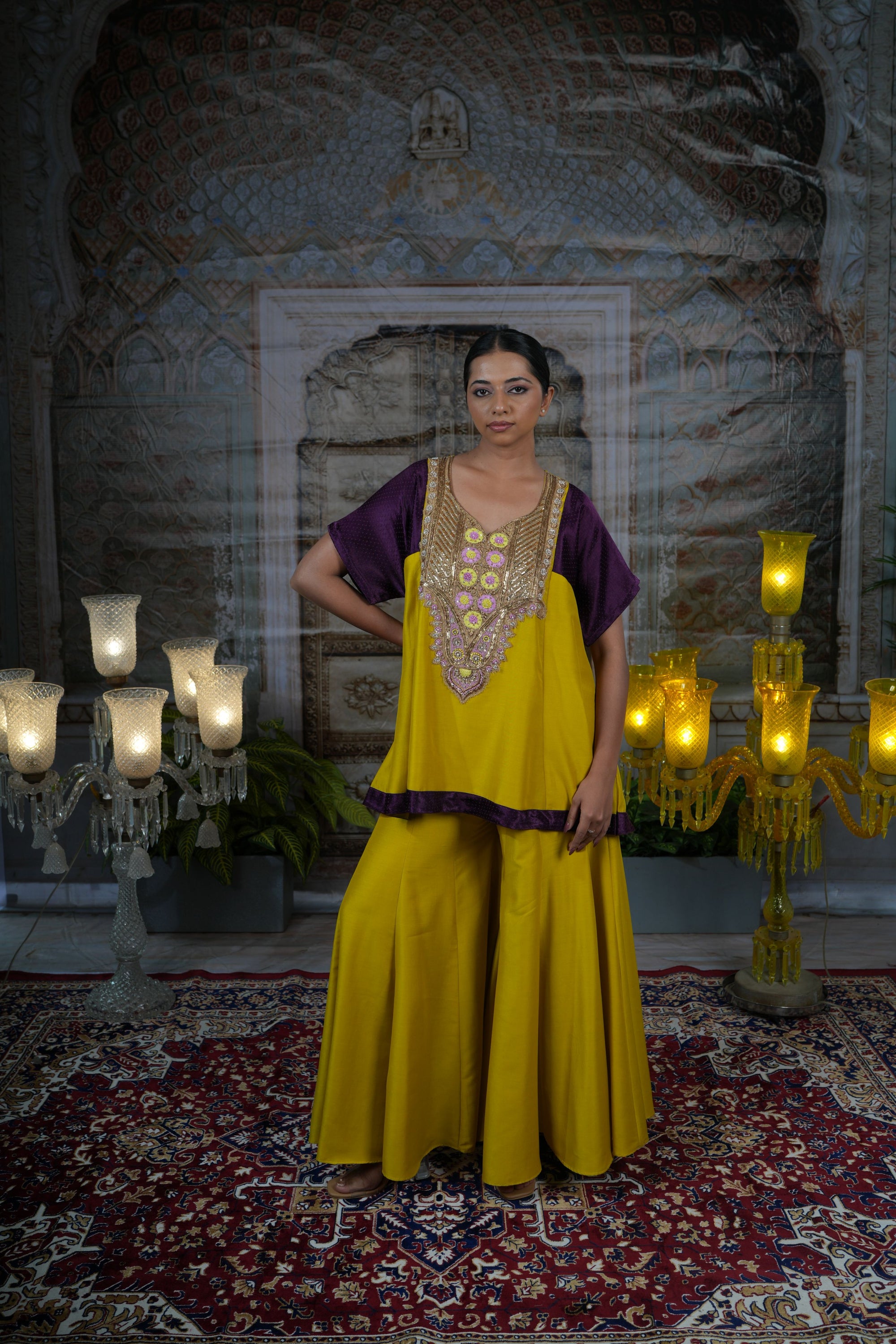 Mustard yellow top with flared pants