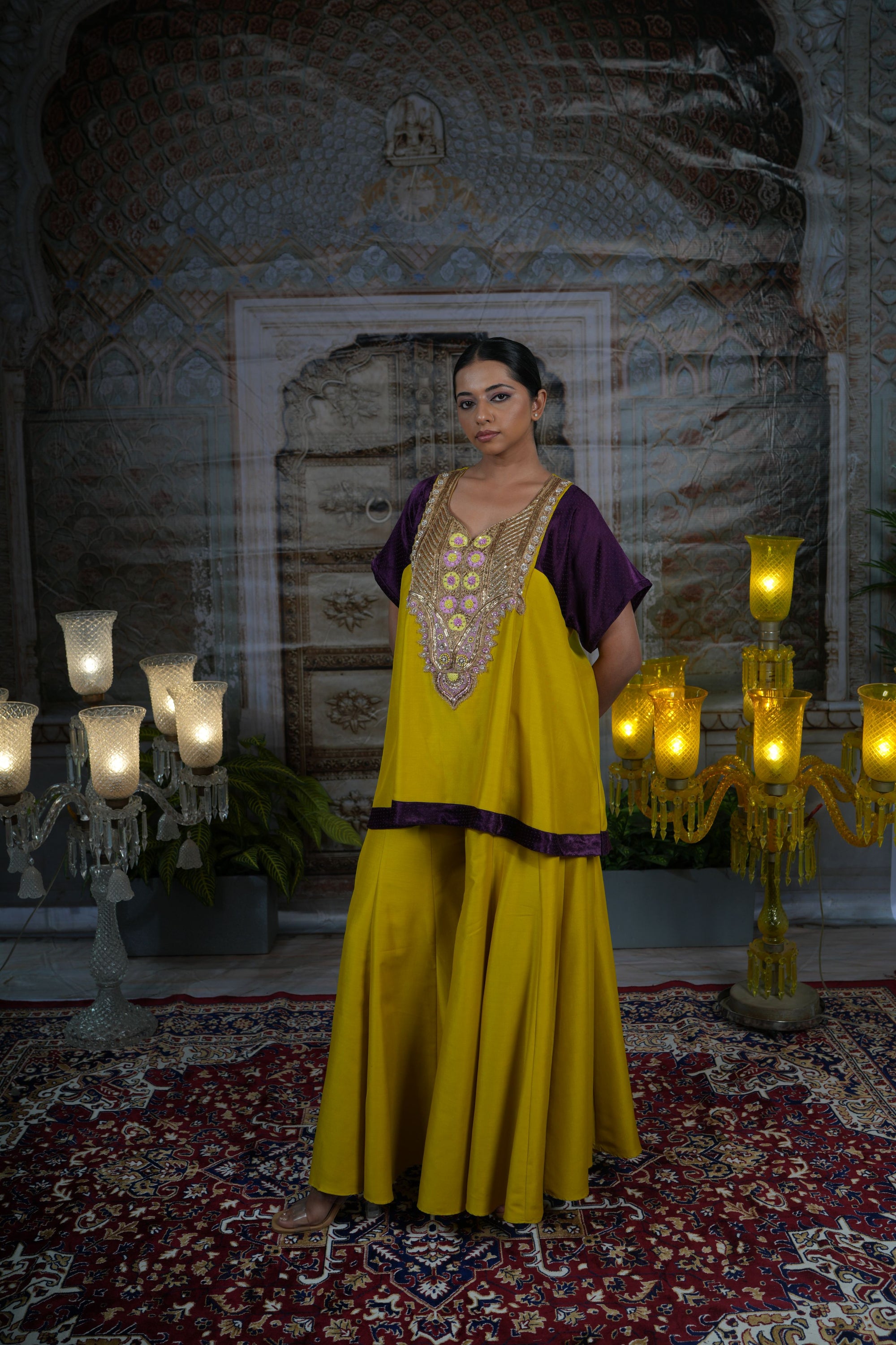 Mustard yellow top with flared pants