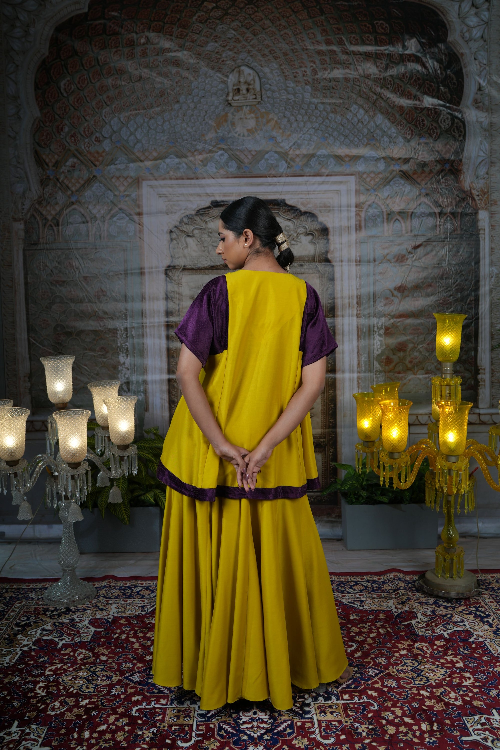 Mustard yellow top with flared pants