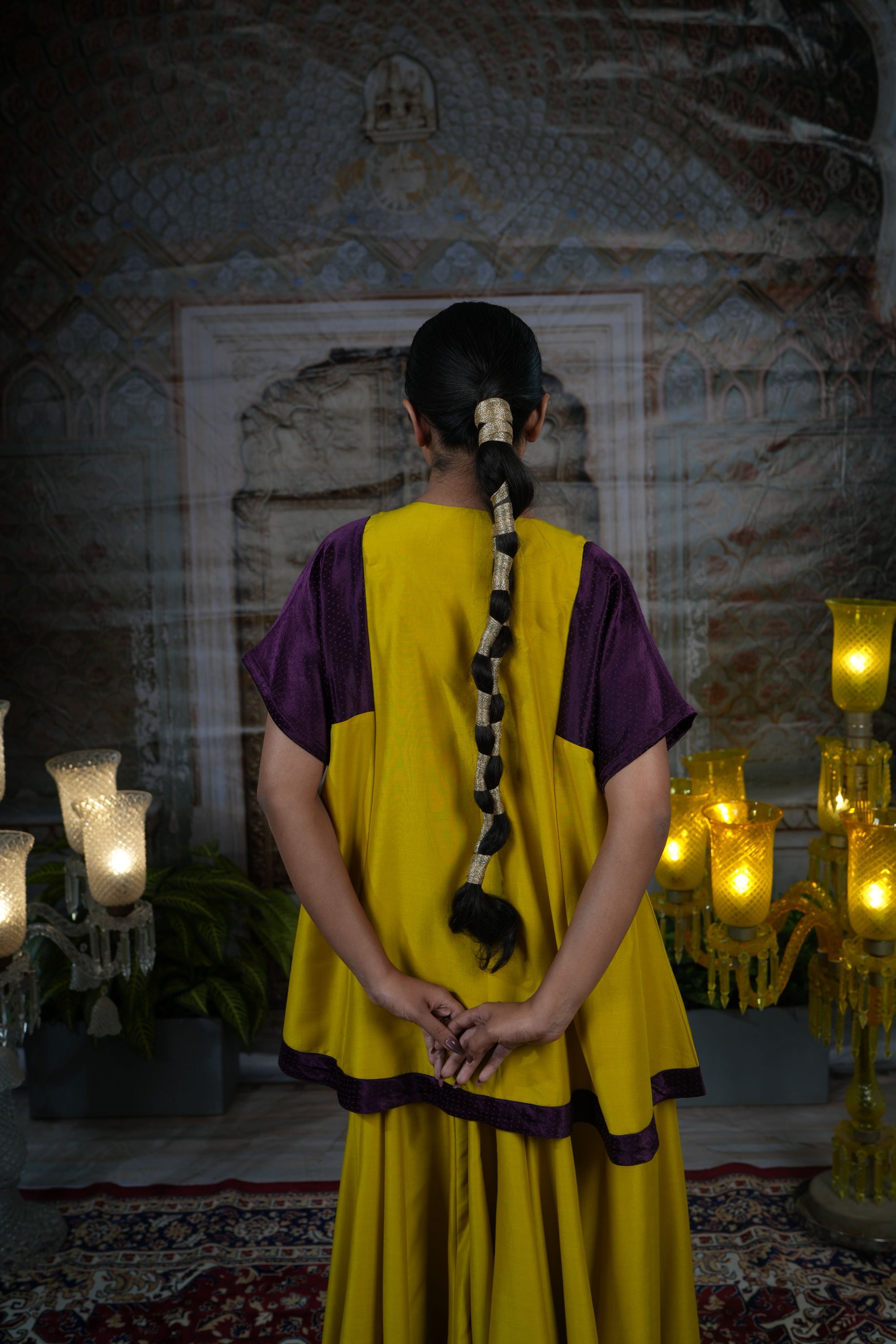 Mustard yellow top with flared pants