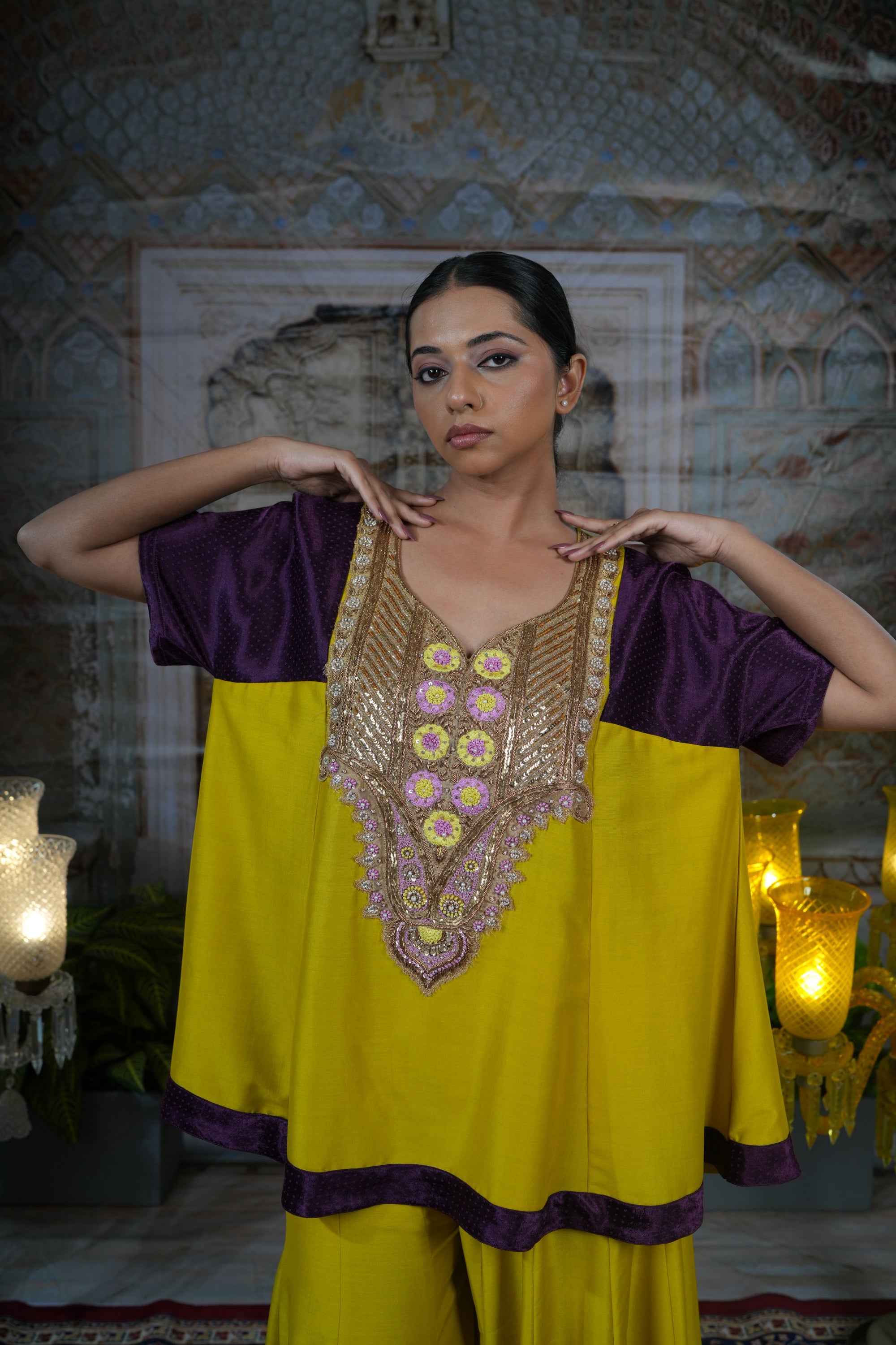 Mustard yellow top with flared pants