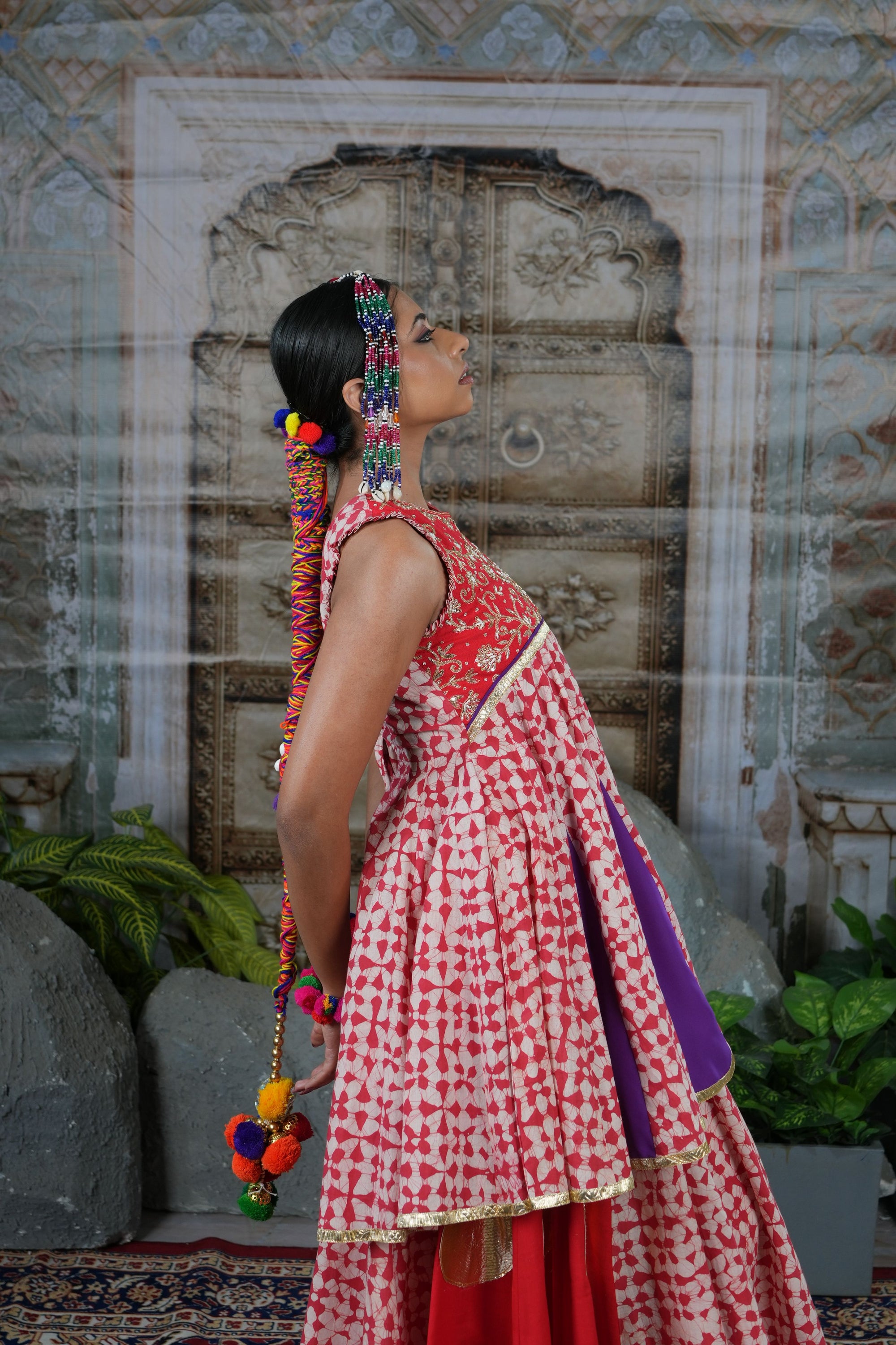 Printed peplum top with gota patch and flared lehenga