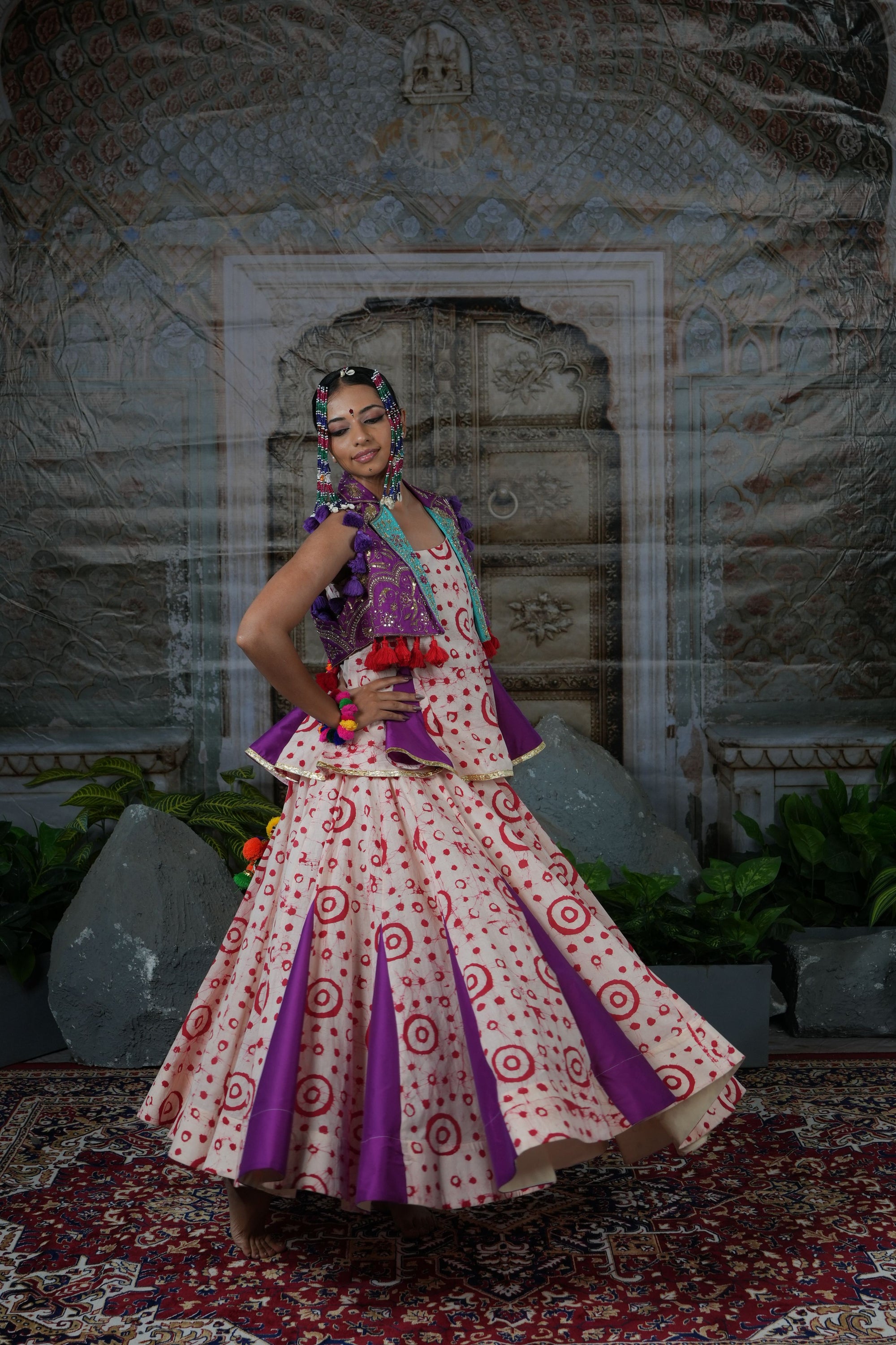 Printed flared lehenga with hand embroidered jacket