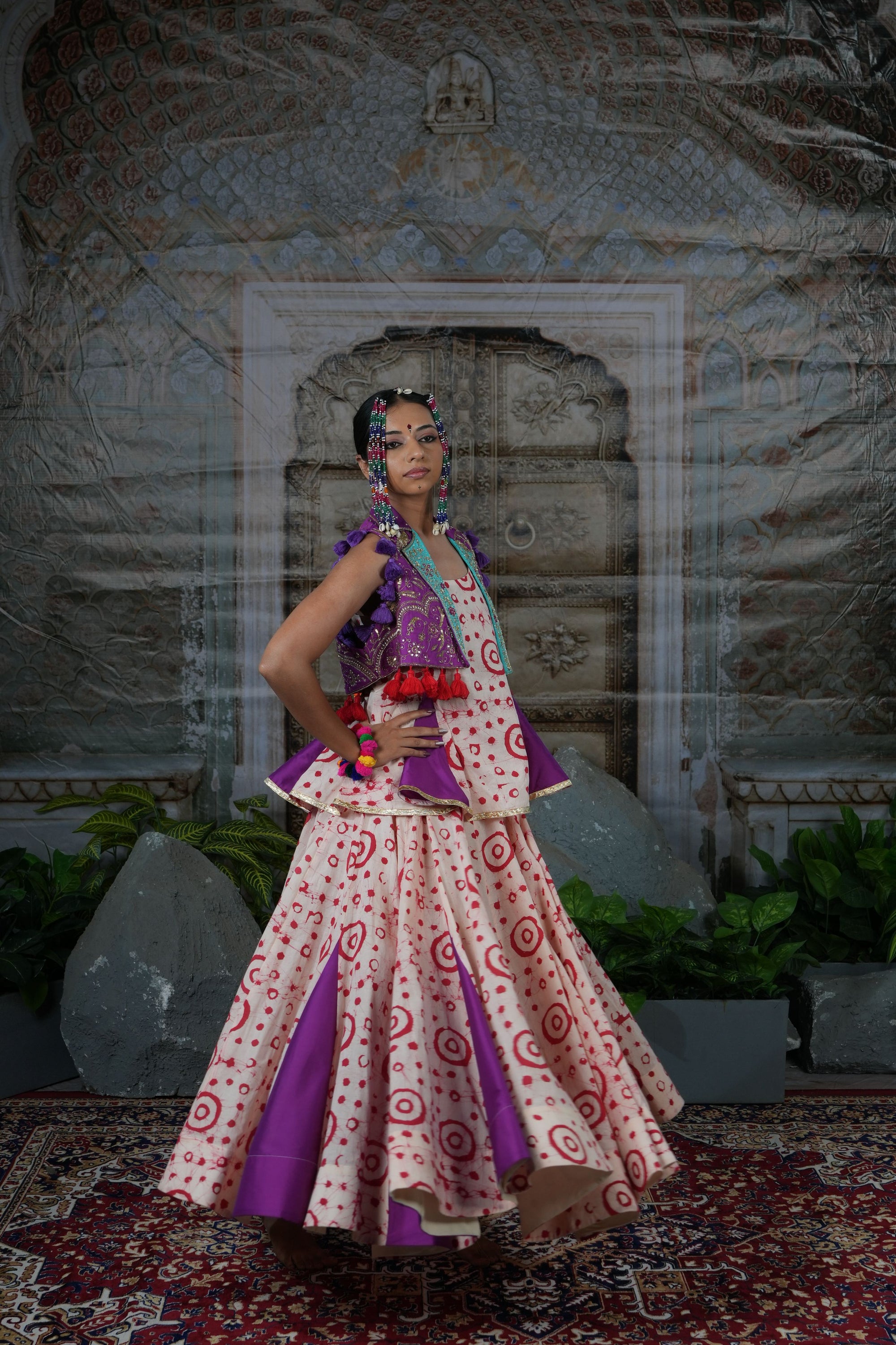 Printed flared lehenga with hand embroidered jacket