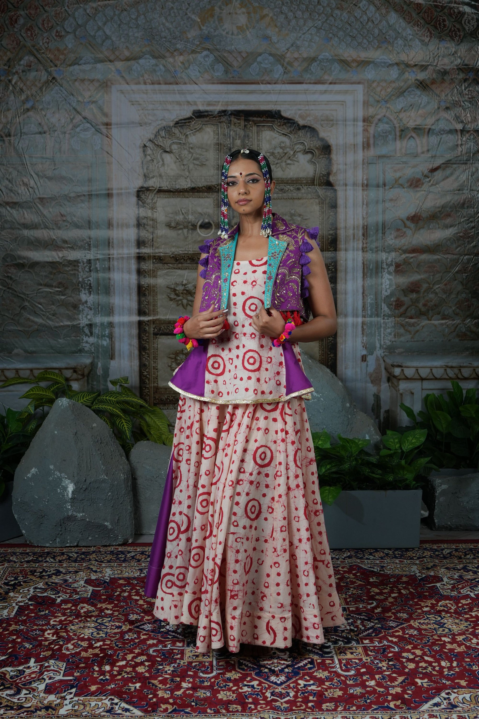 Printed flared lehenga with hand embroidered jacket