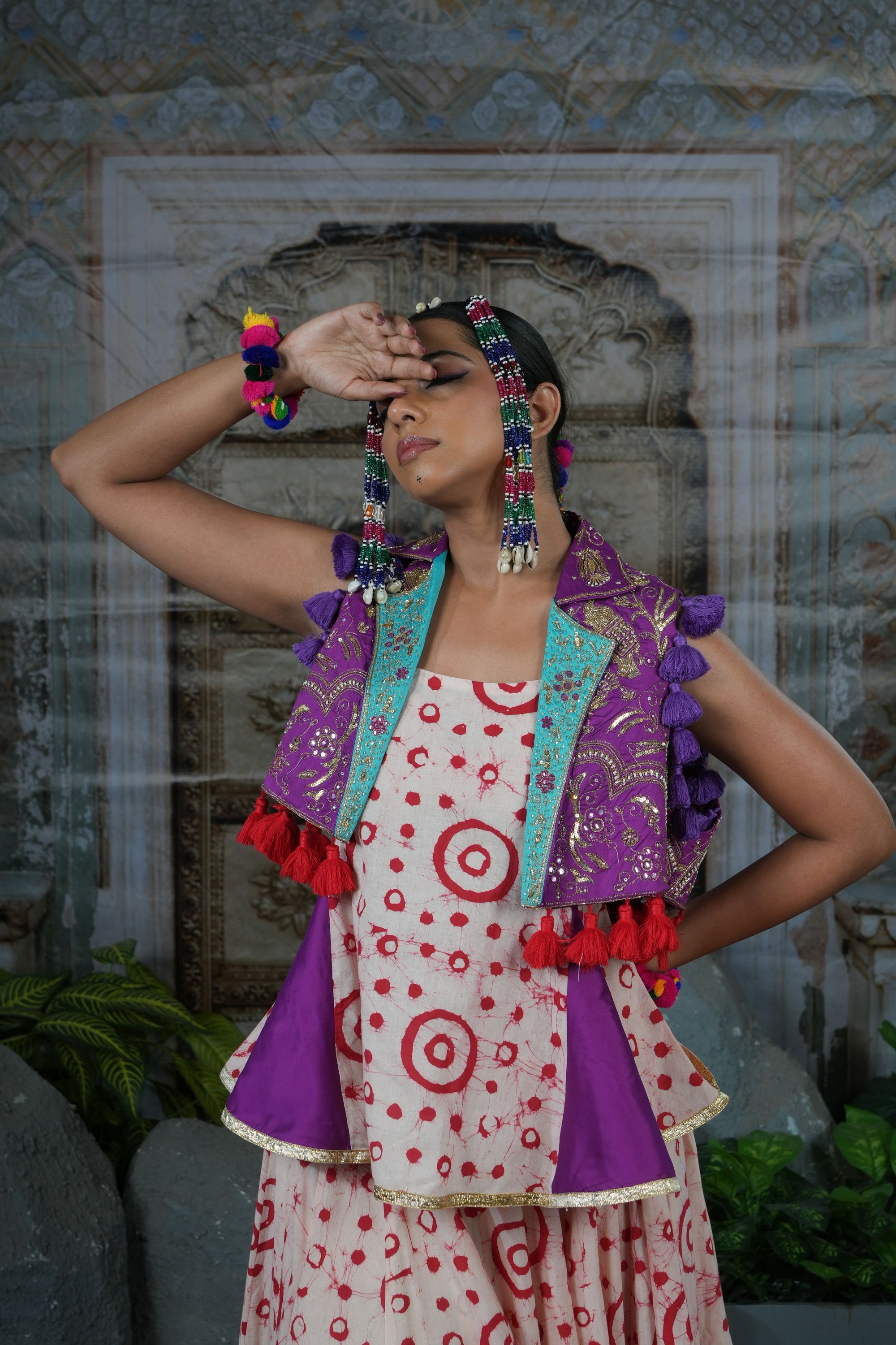 Printed flared lehenga with hand embroidered jacket