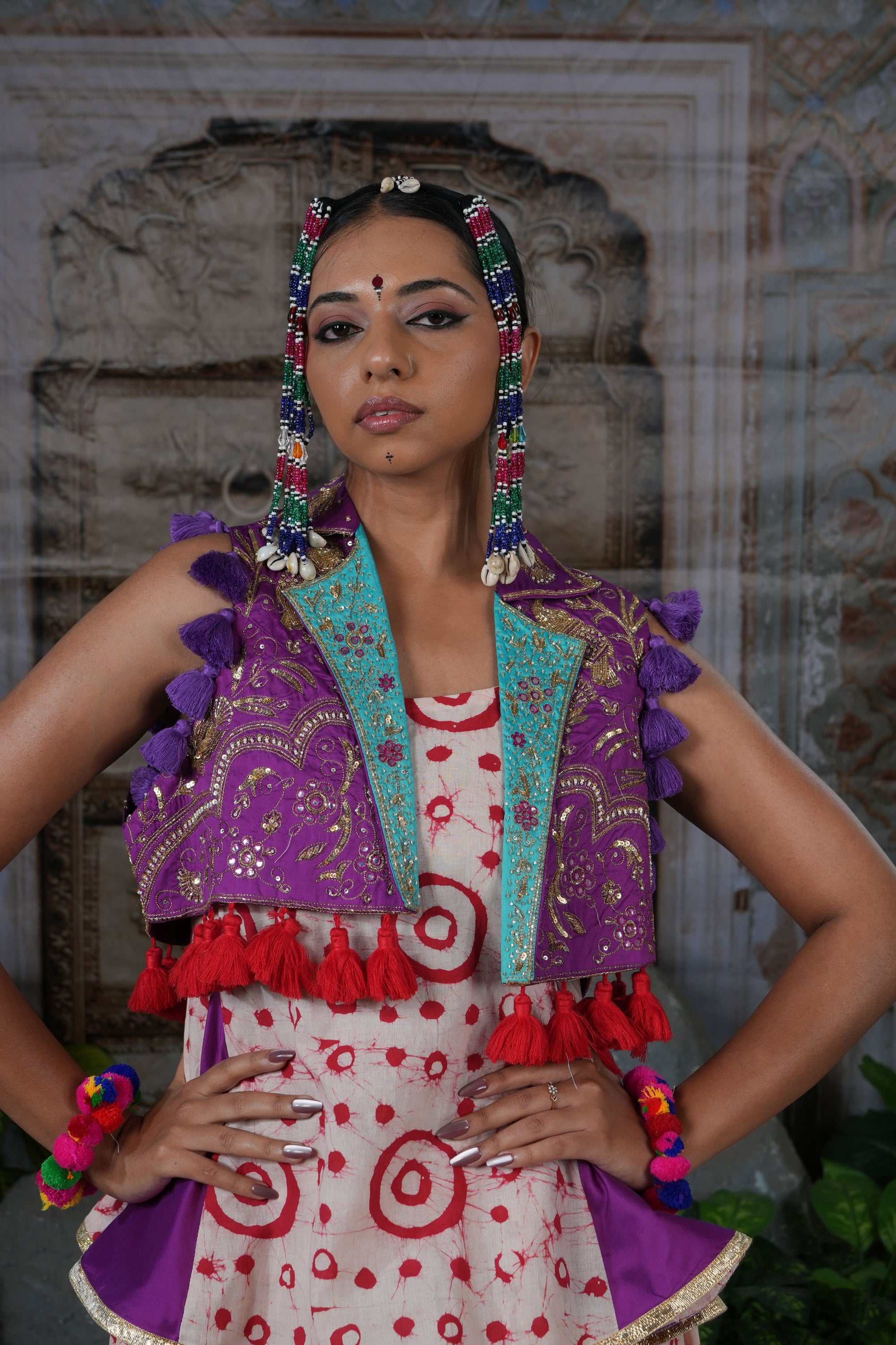 Printed flared lehenga with hand embroidered jacket