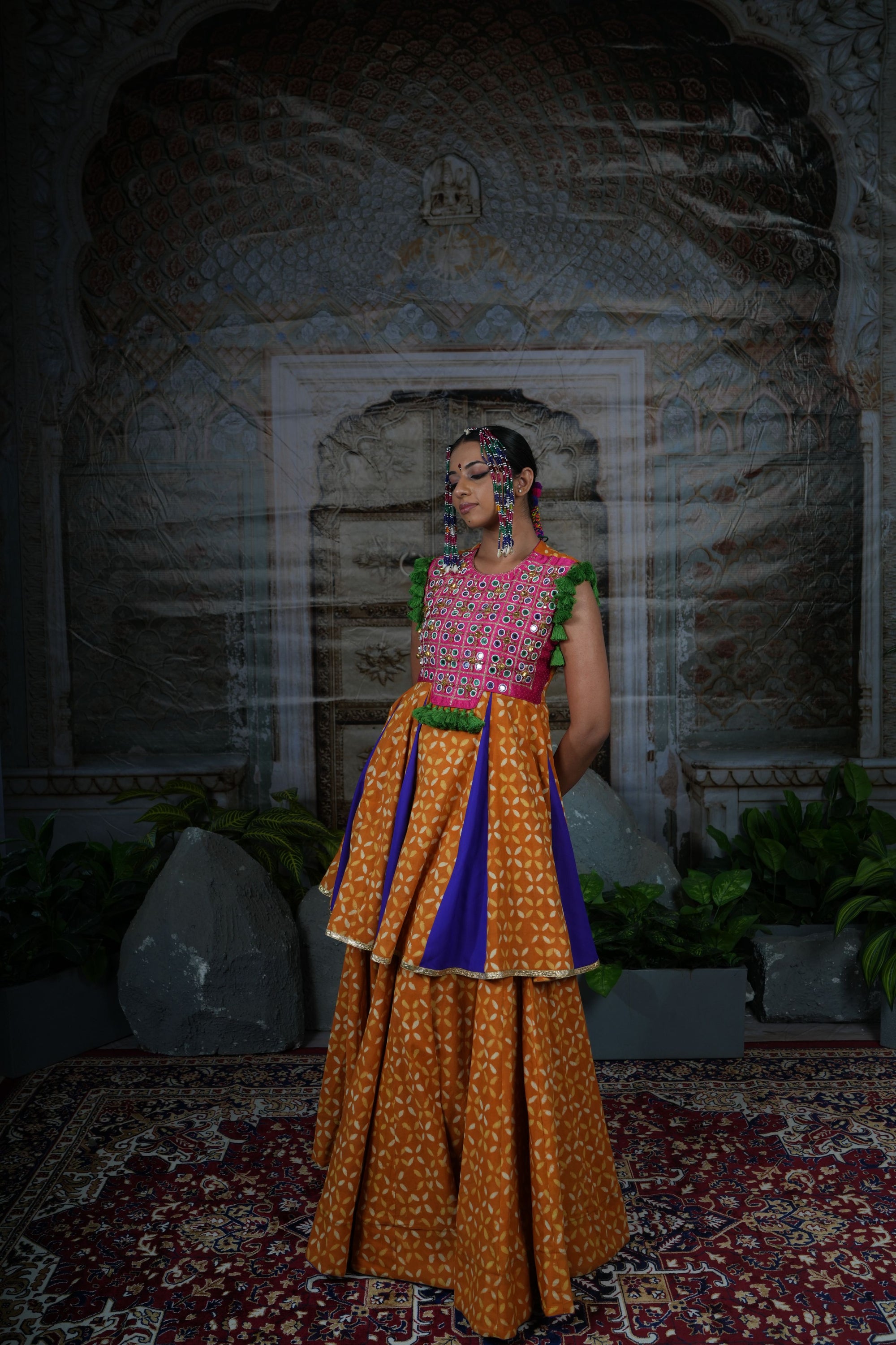 Mirror handwork yoke blouse with printed lehenga set