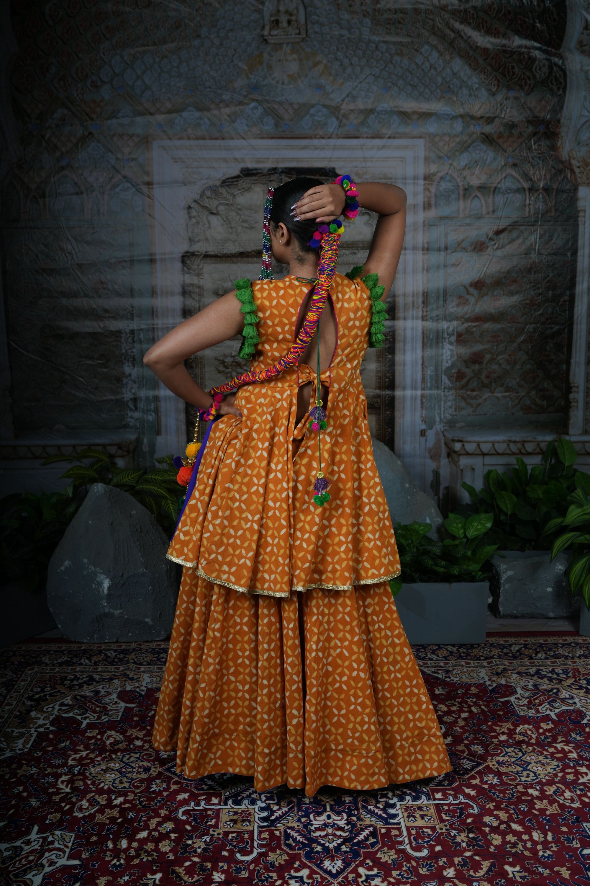 Mirror handwork yoke blouse with printed lehenga set