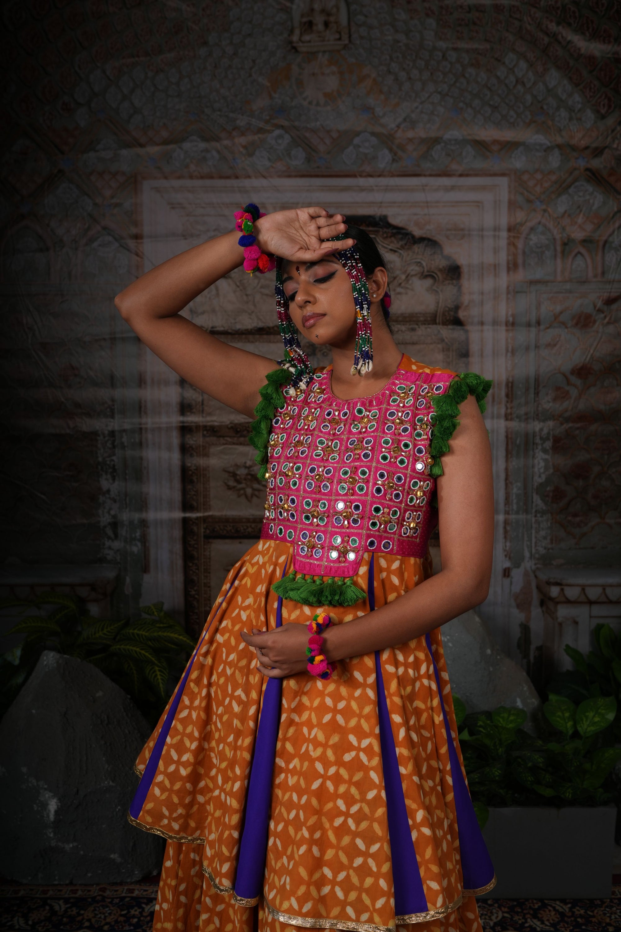 Mirror handwork yoke blouse with printed lehenga set