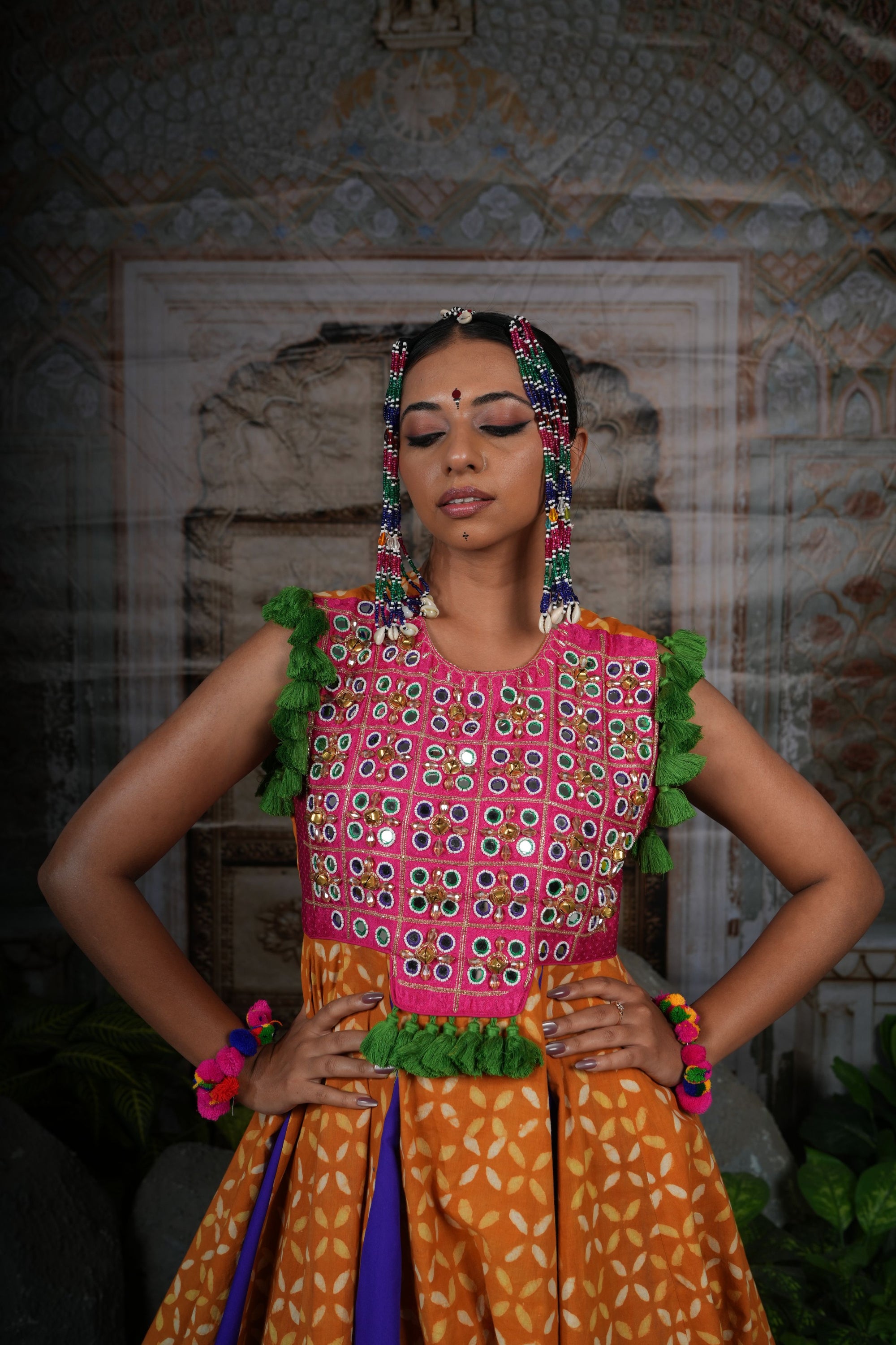 Mirror handwork yoke blouse with printed lehenga set