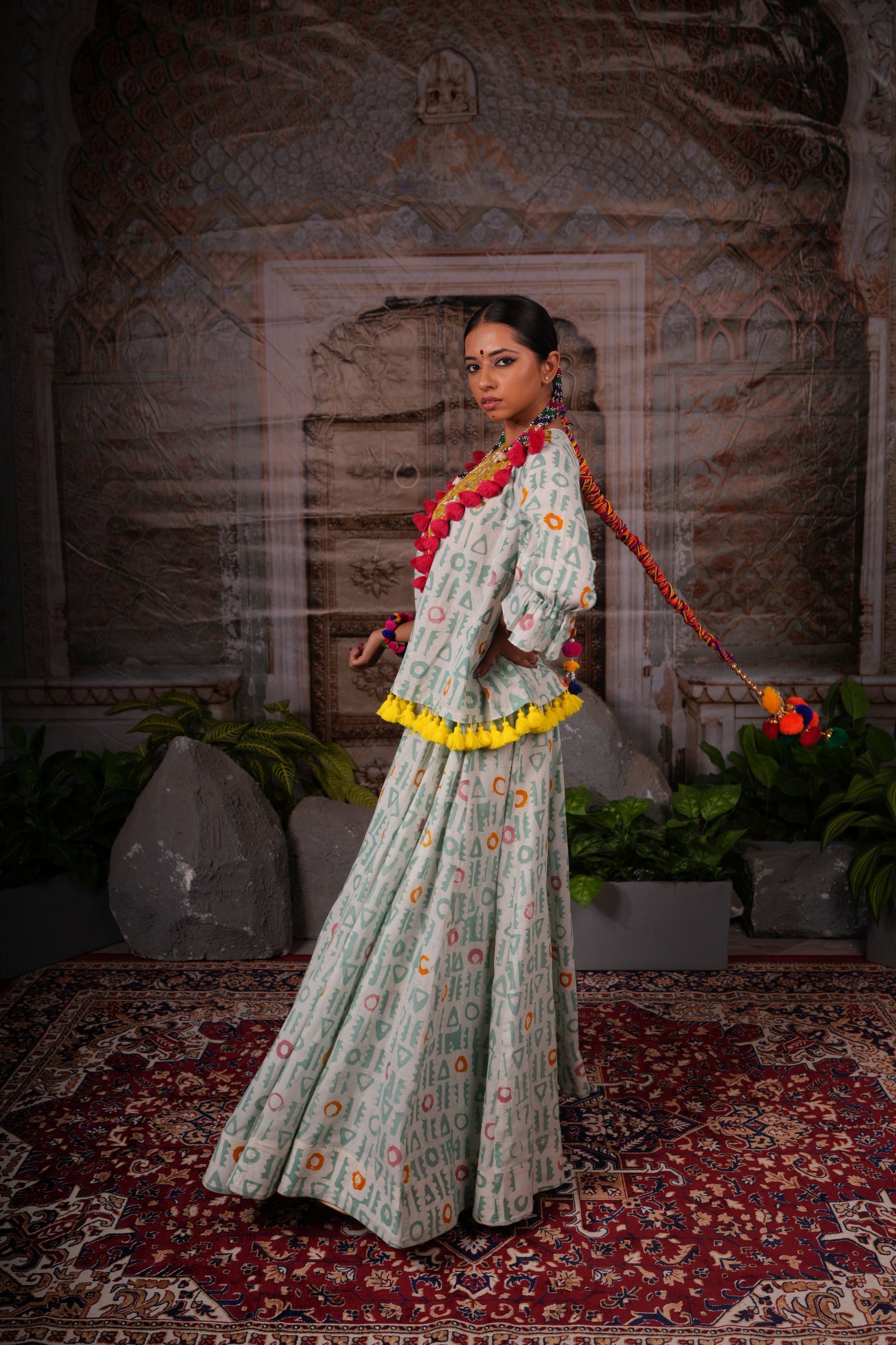 Printed lehnga set with hand work on the yoke