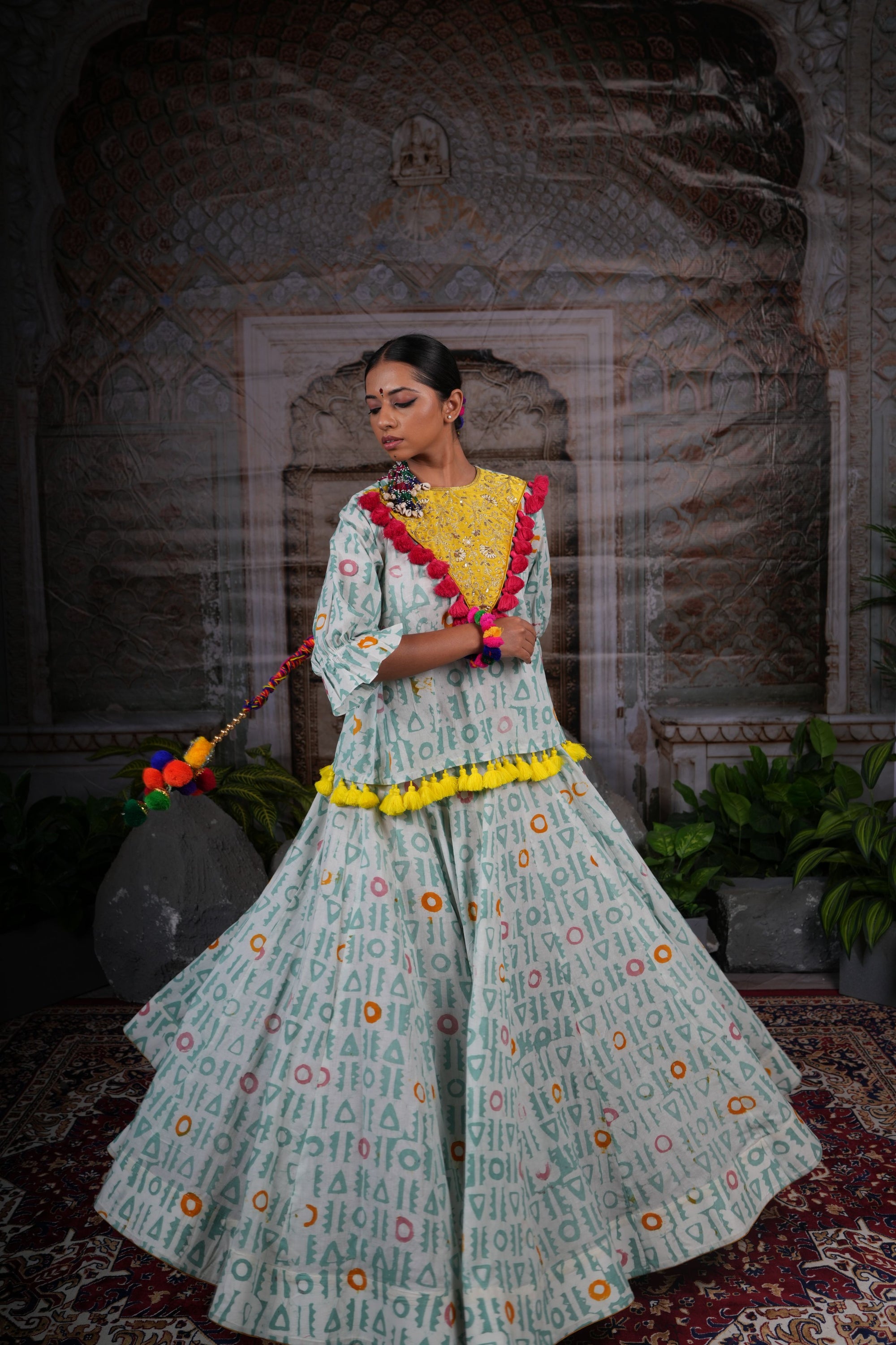 Printed lehnga set with hand work on the yoke