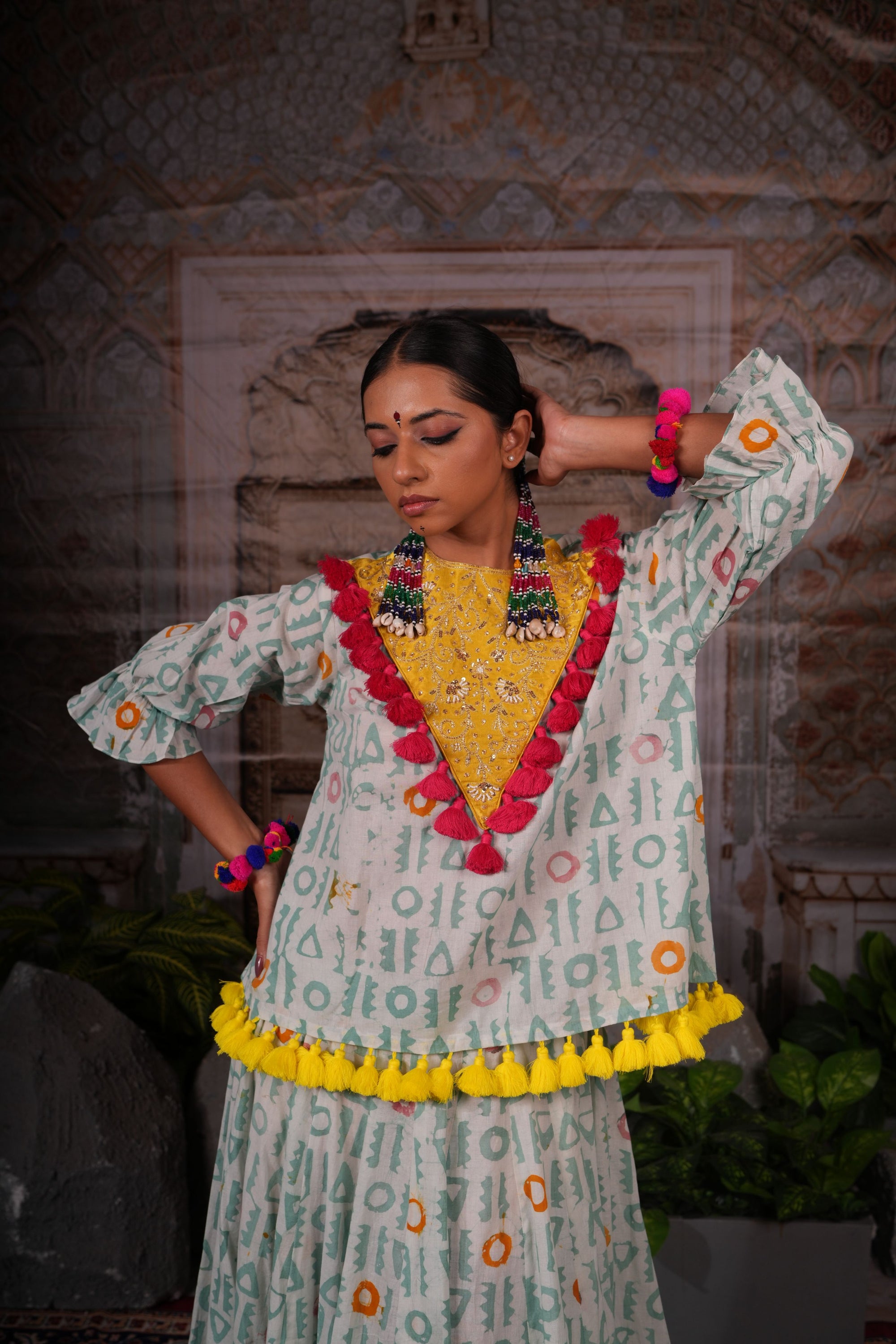 Printed lehnga set with hand work on the yoke