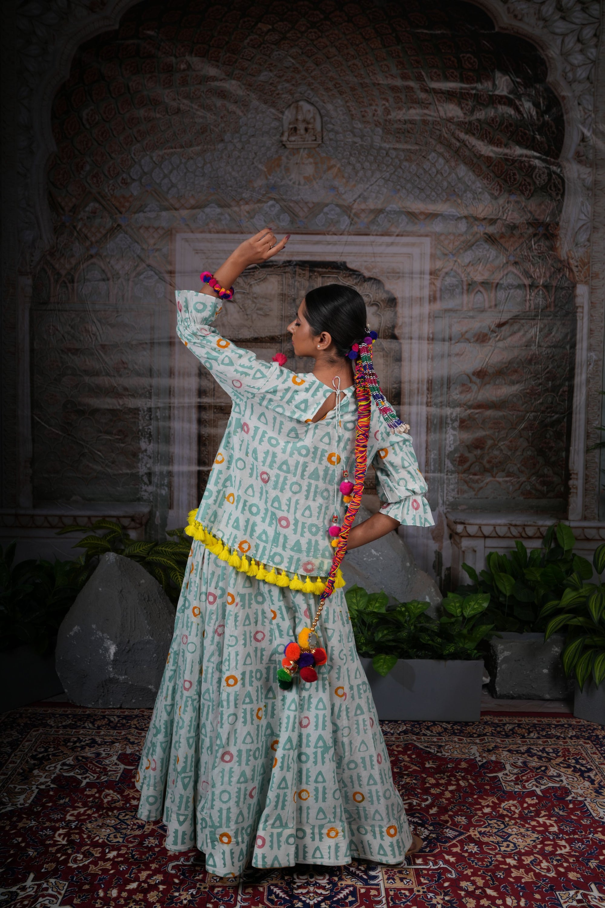 Printed lehnga set with hand work on the yoke
