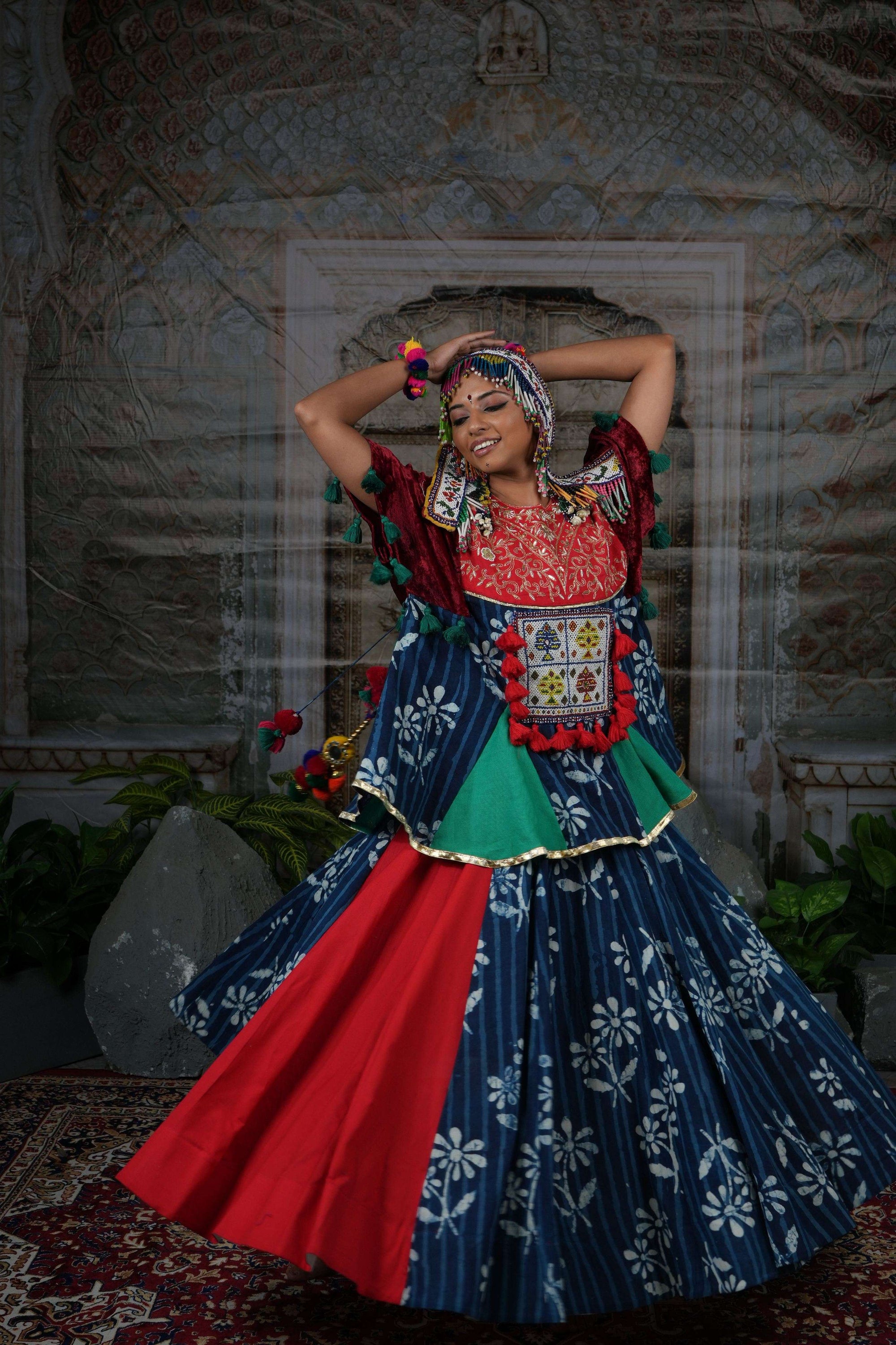 Handblock printed flared lehenga with top