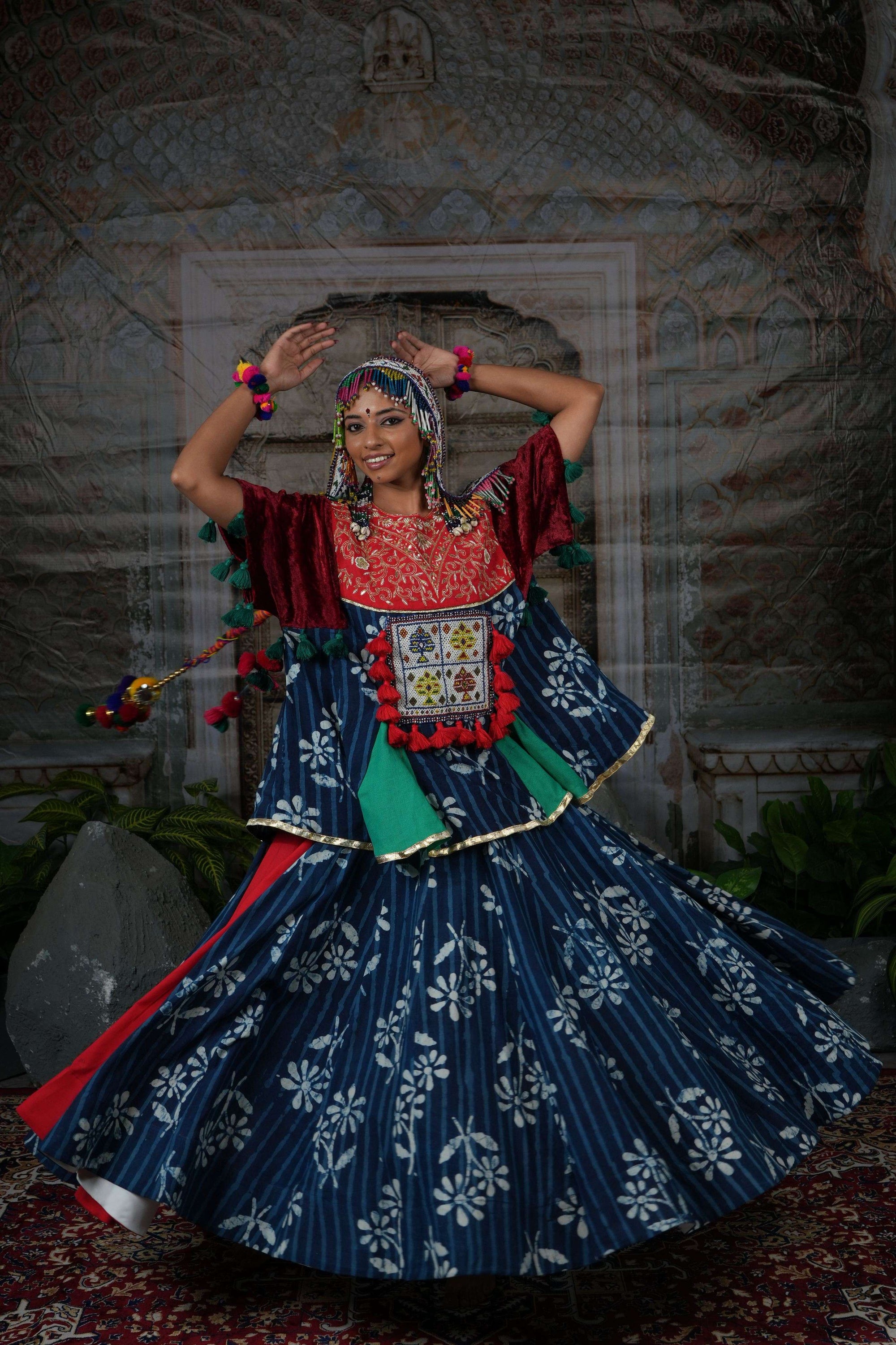 Handblock printed flared lehenga with top