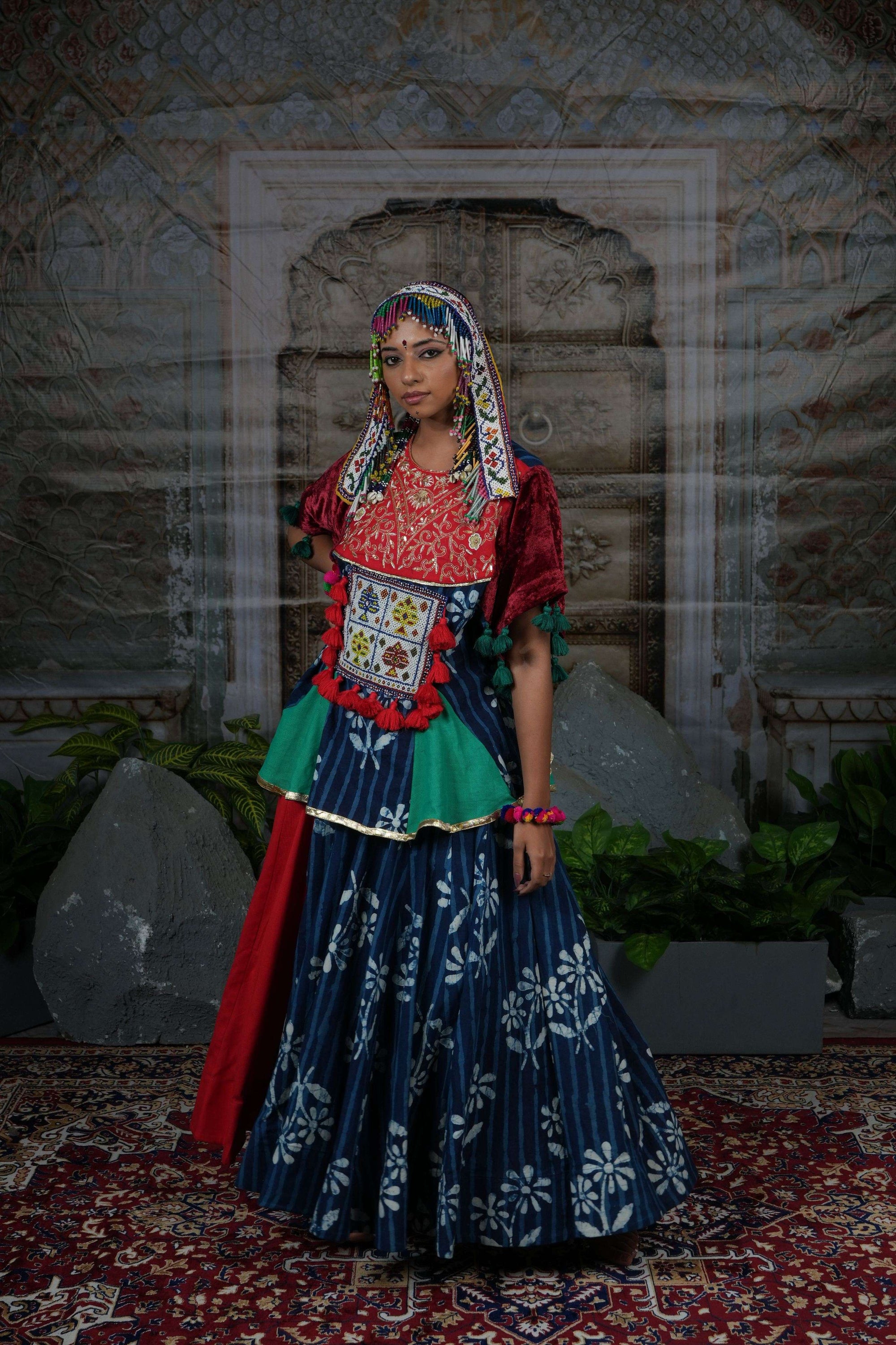 Handblock printed flared lehenga with top