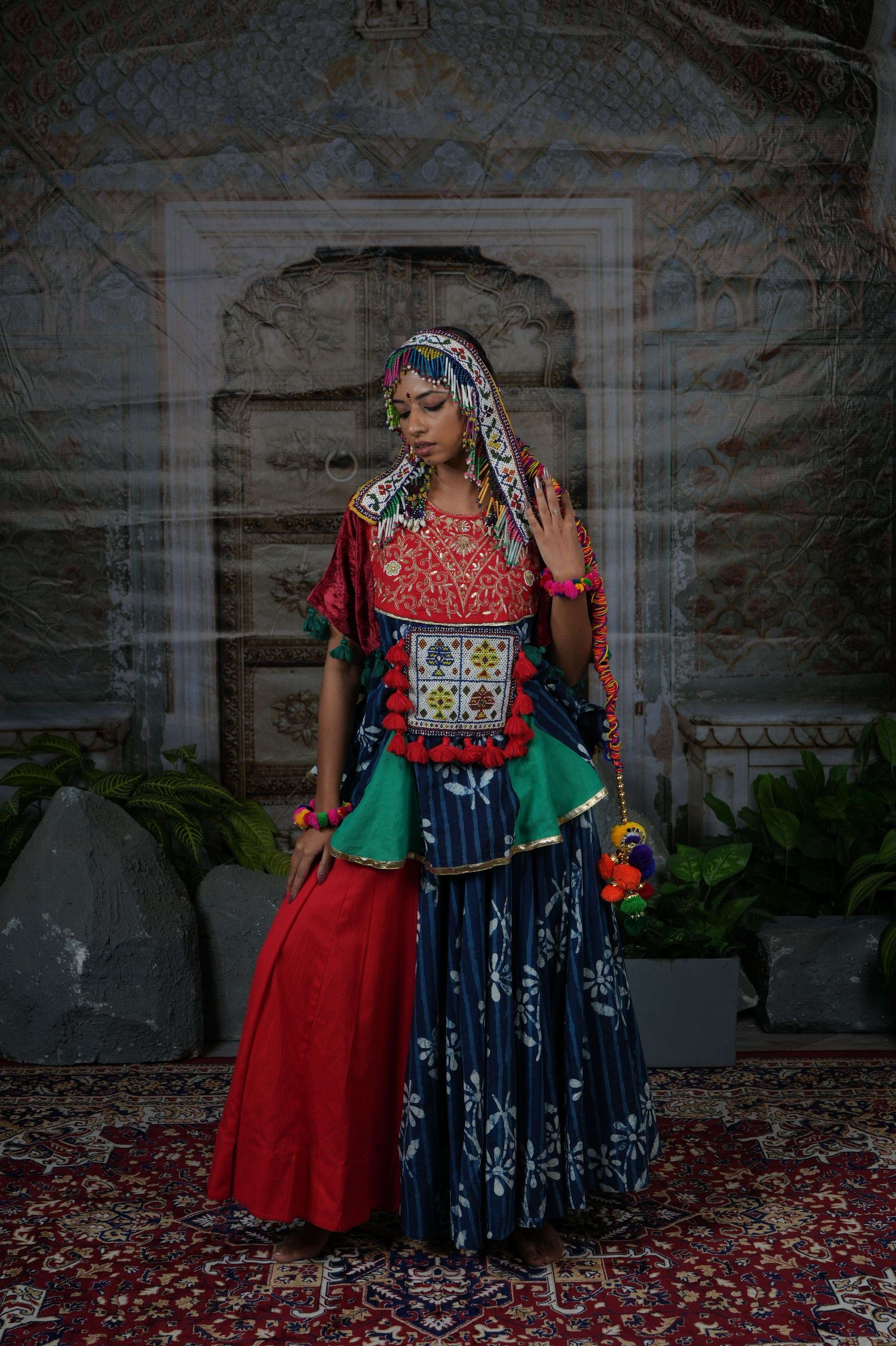 Handblock printed flared lehenga with top