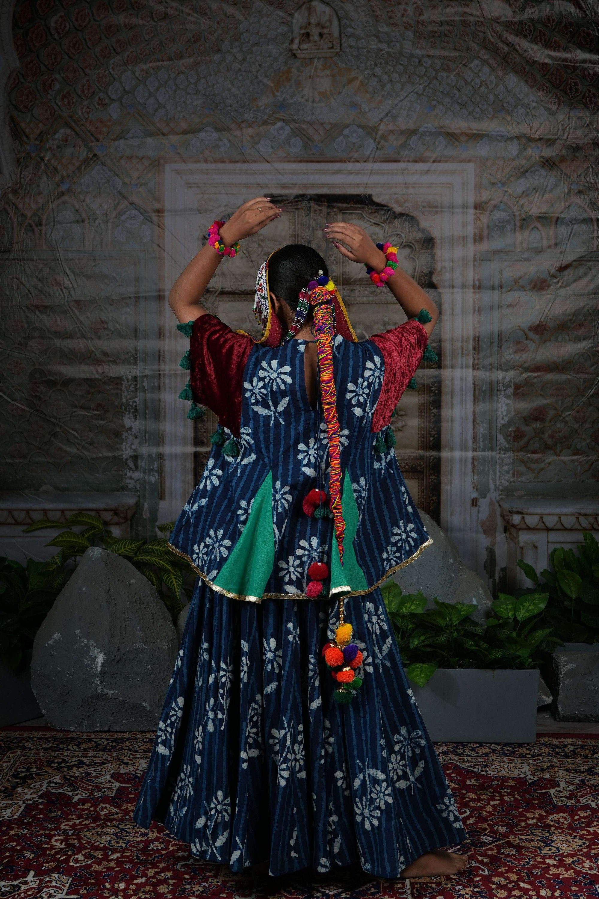 Handblock printed flared lehenga with top