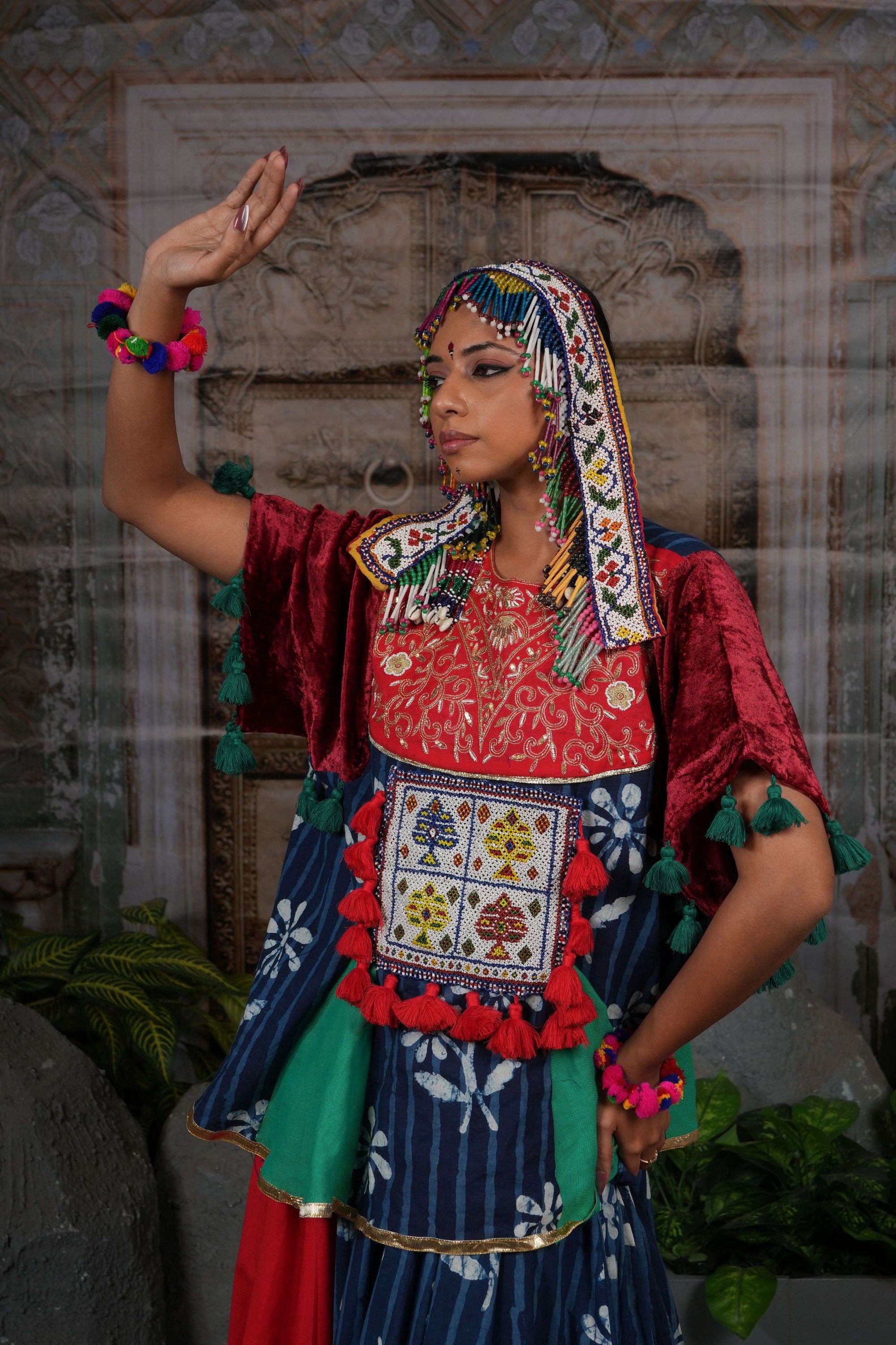 Handblock printed flared lehenga with top