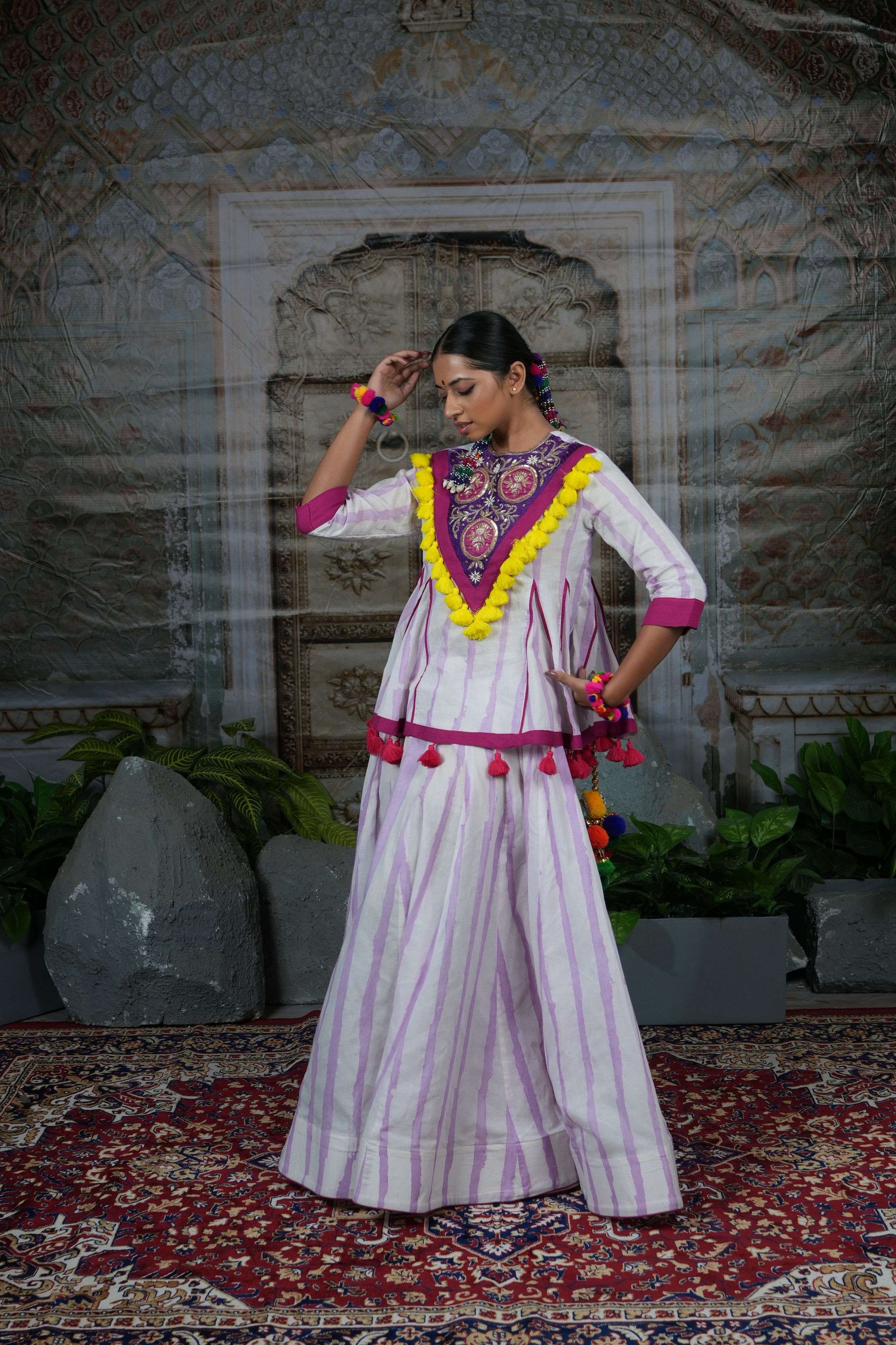 Striped garba co-ords with embroidered yoke and yellow tassels