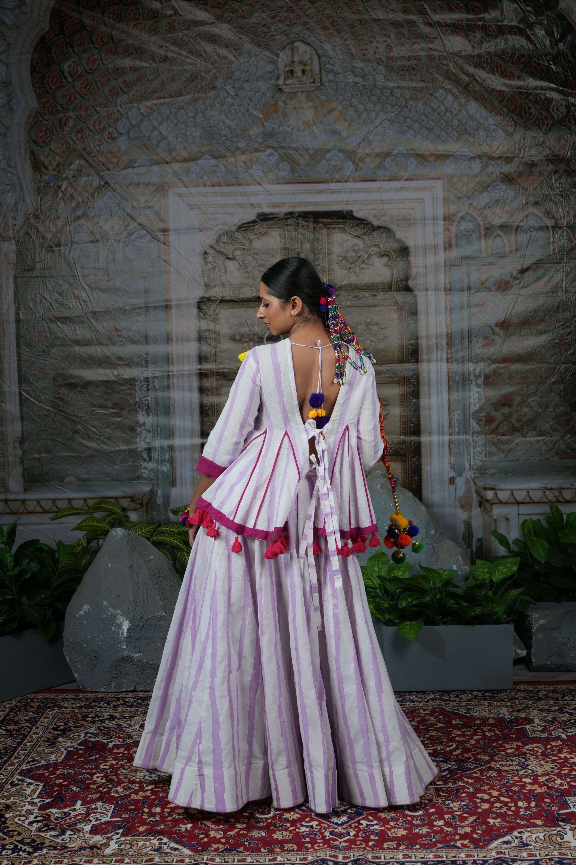Striped garba co-ords with embroidered yoke and yellow tassels