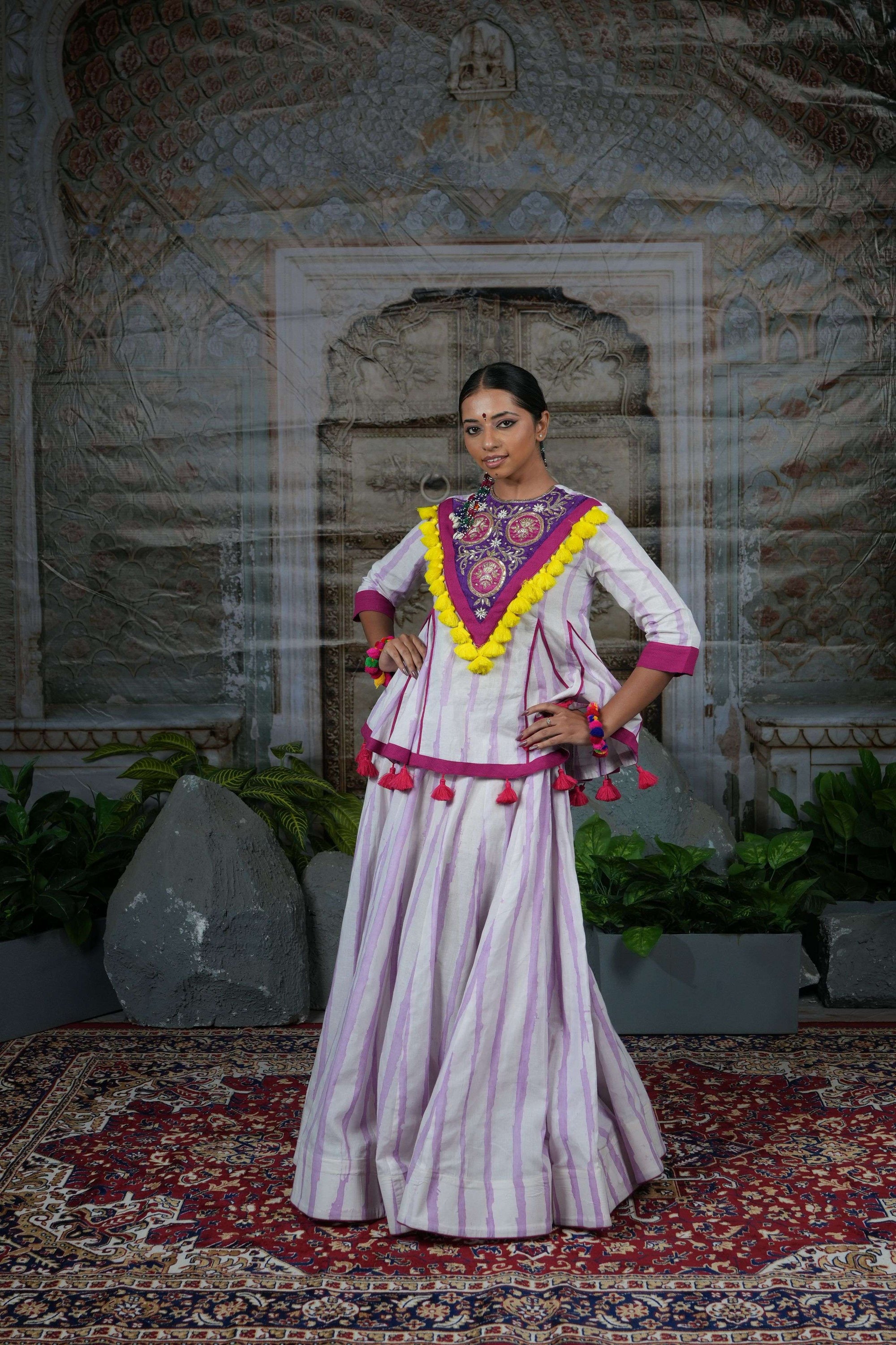 Striped garba co-ords with embroidered yoke and yellow tassels