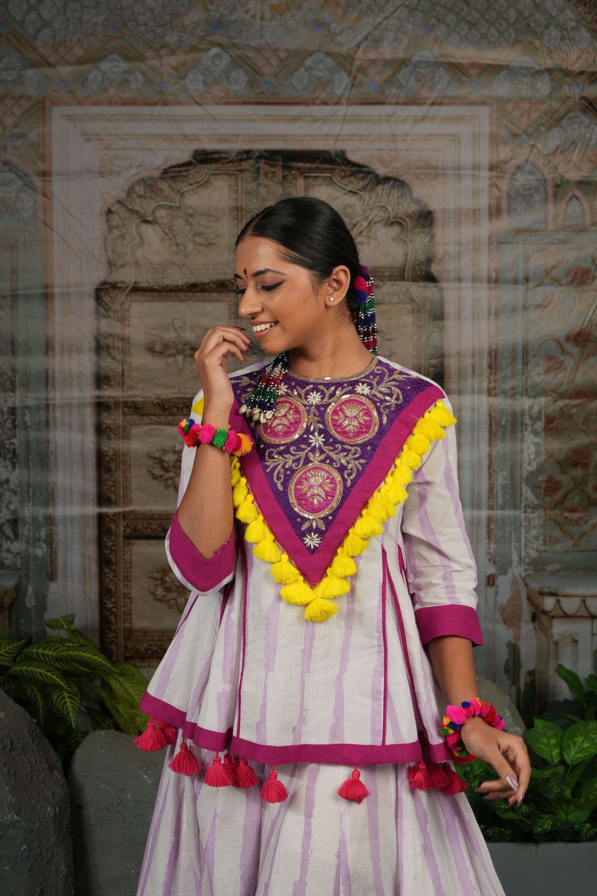 Striped garba co-ords with embroidered yoke and yellow tassels