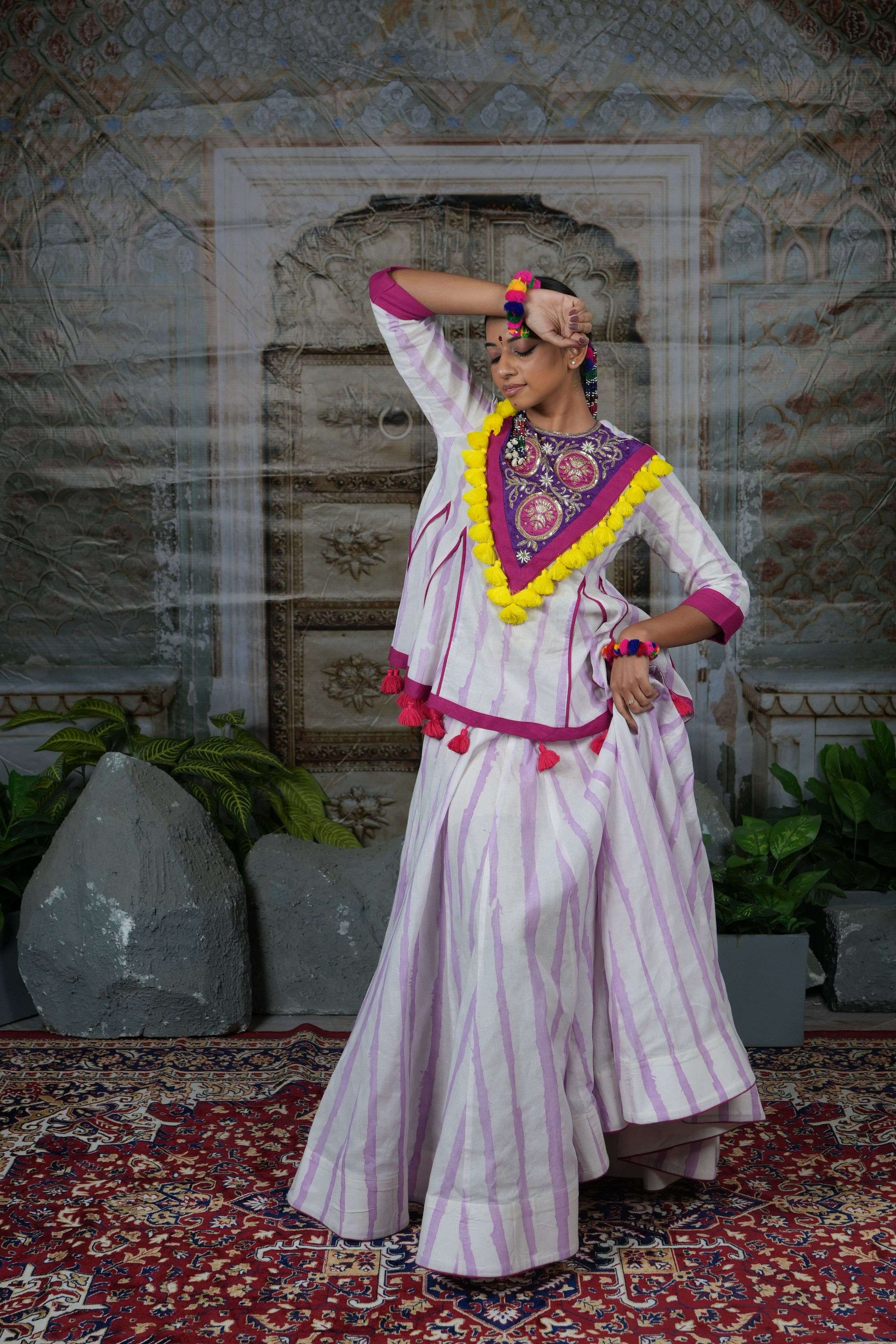 Striped garba co-ords with embroidered yoke and yellow tassels