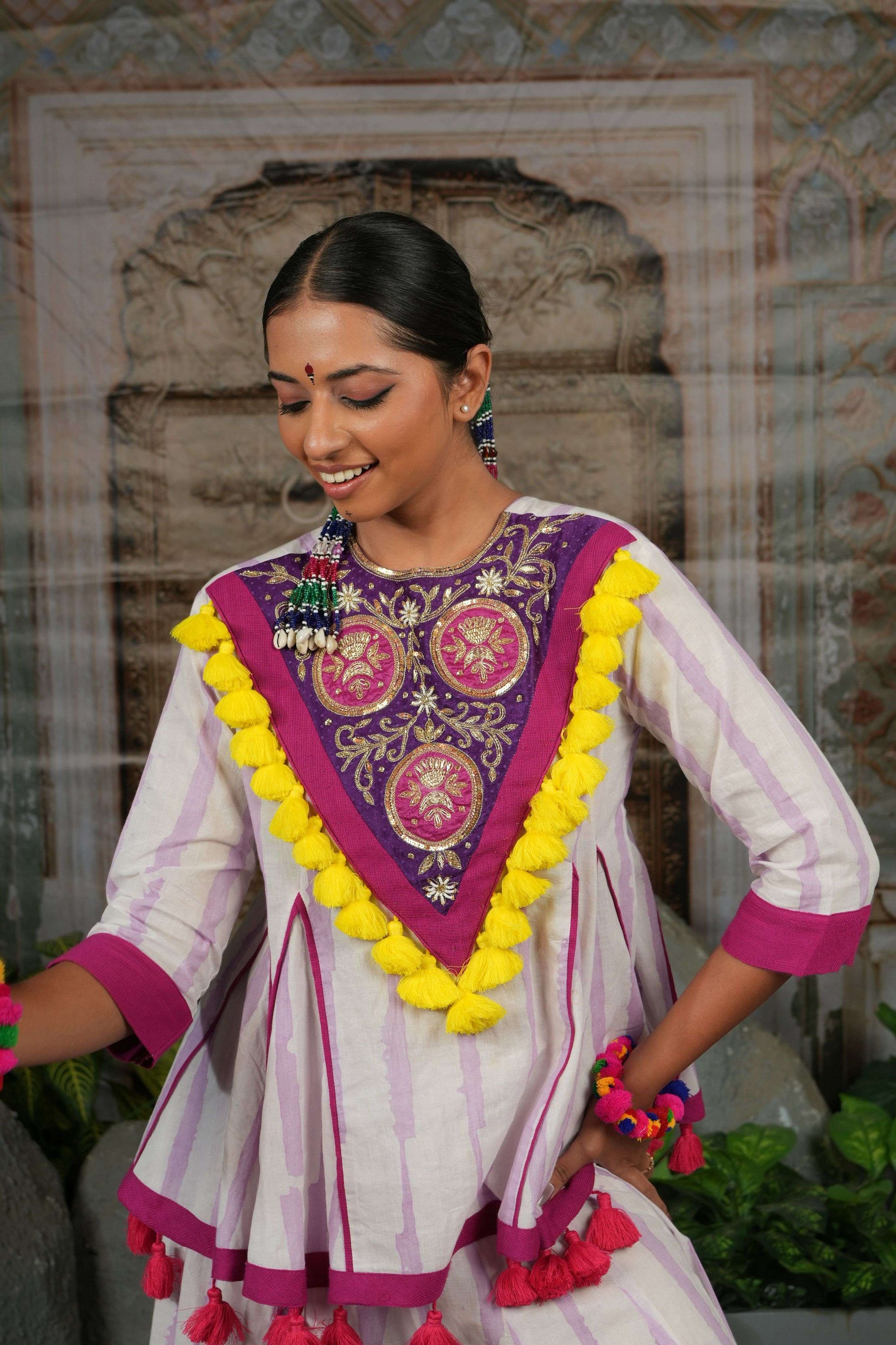 Striped garba co-ords with embroidered yoke and yellow tassels