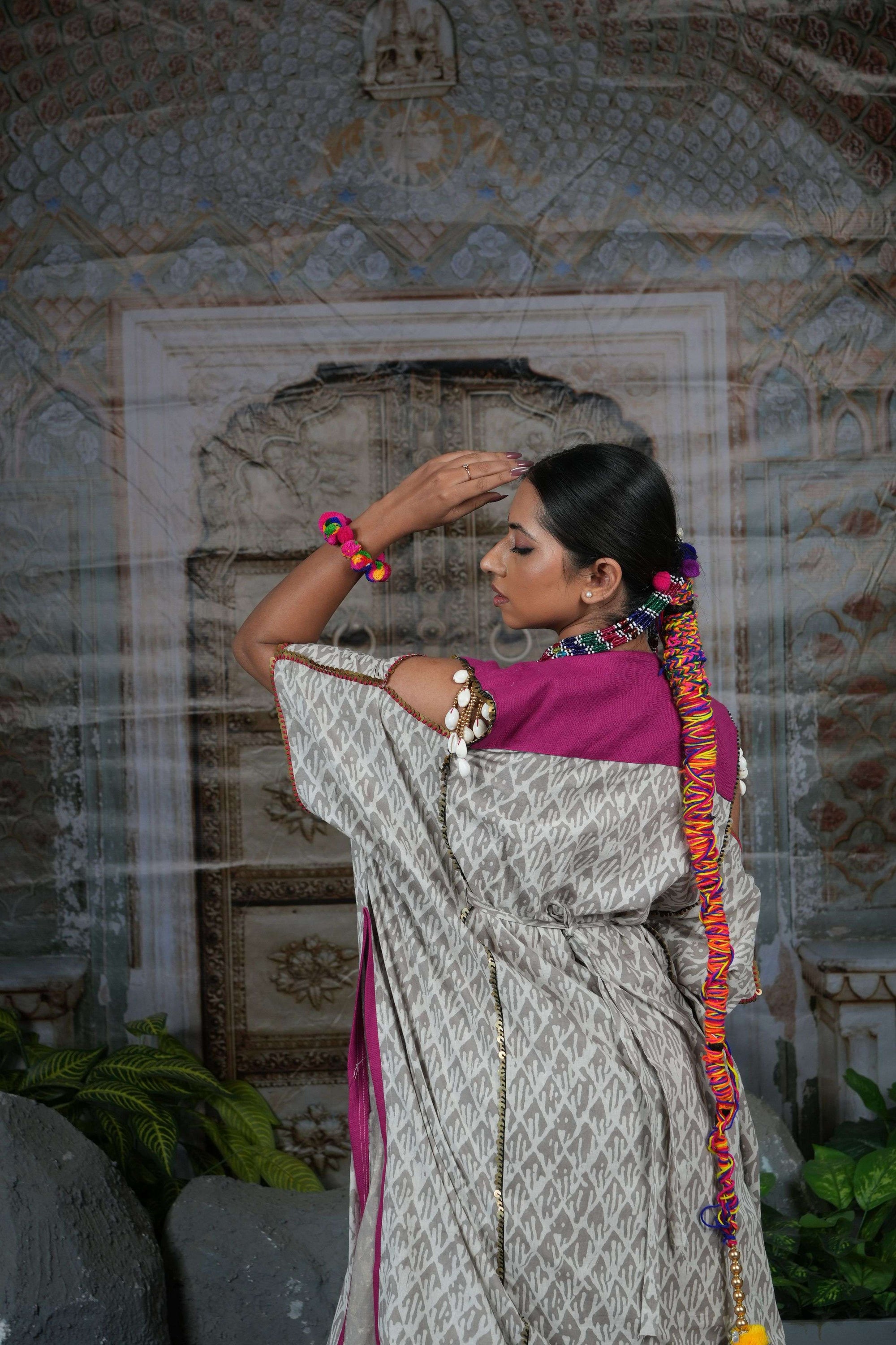 Tribal mirror work adjustable cape top with flared printed lehenga