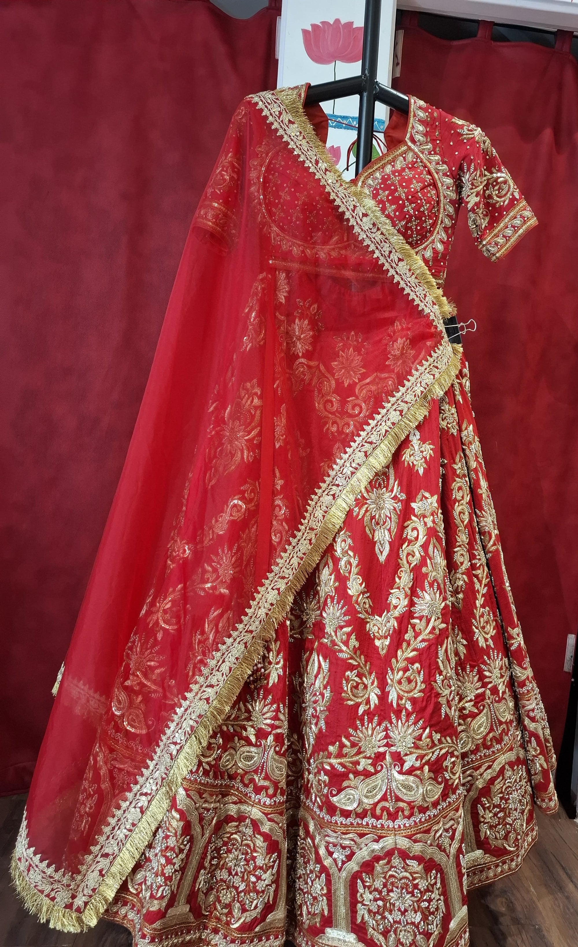 Red raw silk bridal lehnga