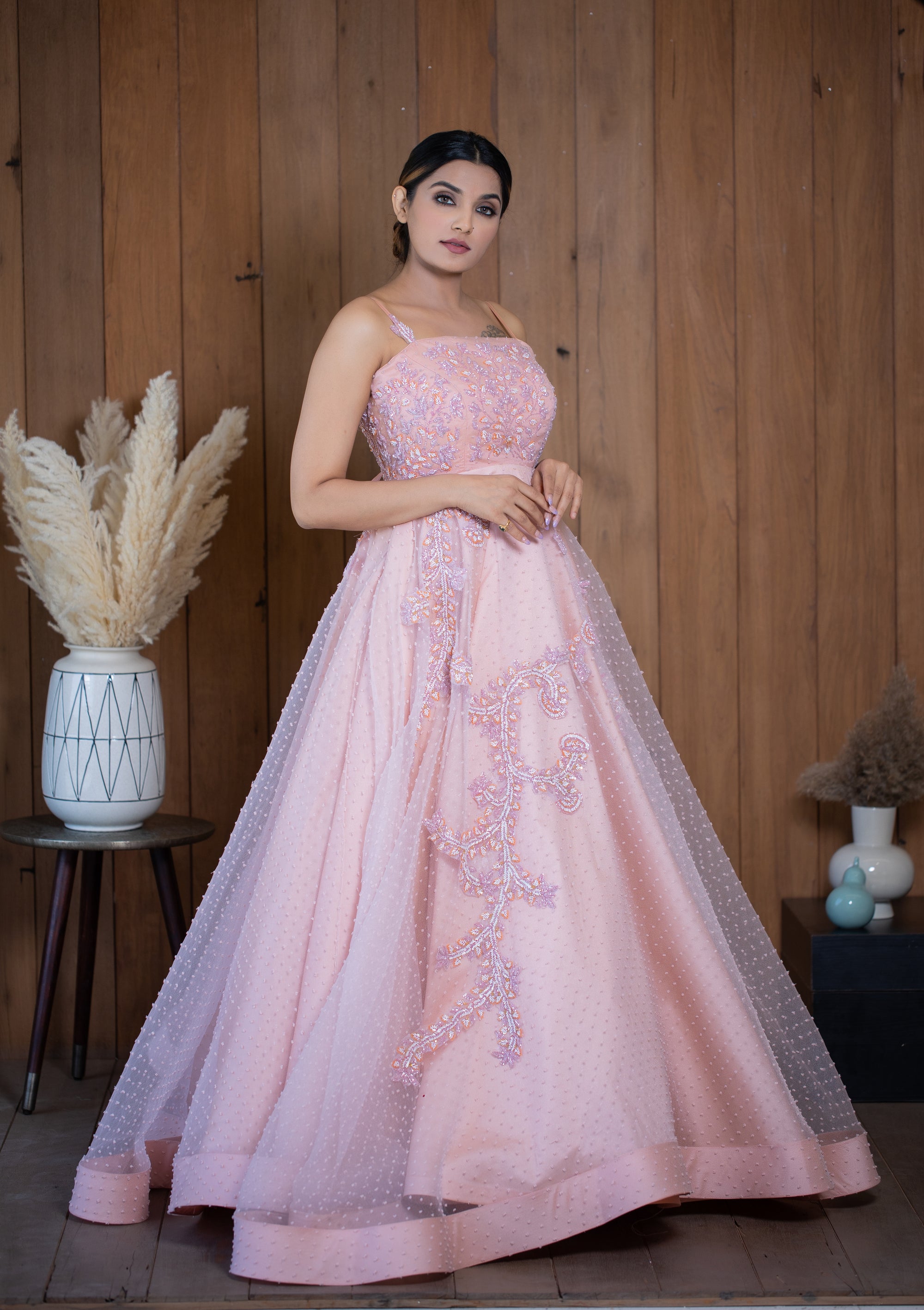 Peach Gown with Beautiful Work