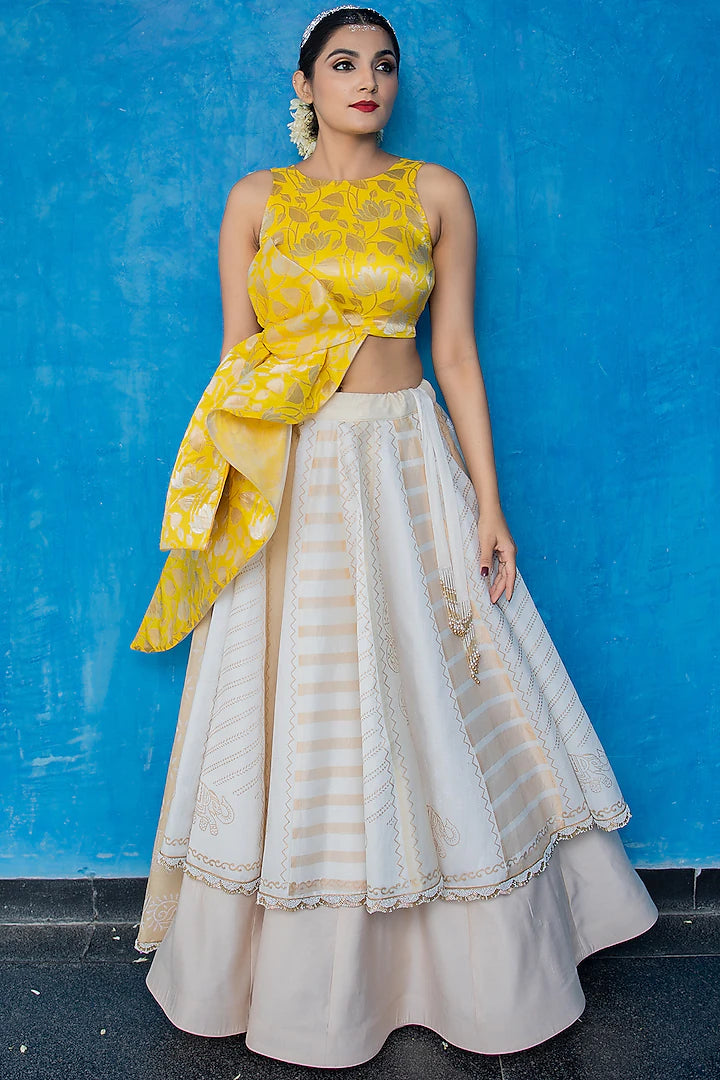 White Pure Organza Tissue Skirt Set with Top Sadhuram s